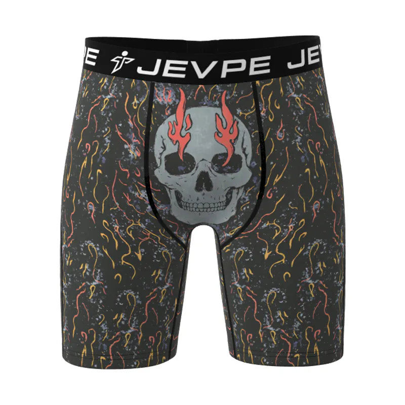 JEVPE men's pattern boxer briefs 3-pack with breathable, moisture-wicking fabric and 7-inch inseam, shown in a close-up view.