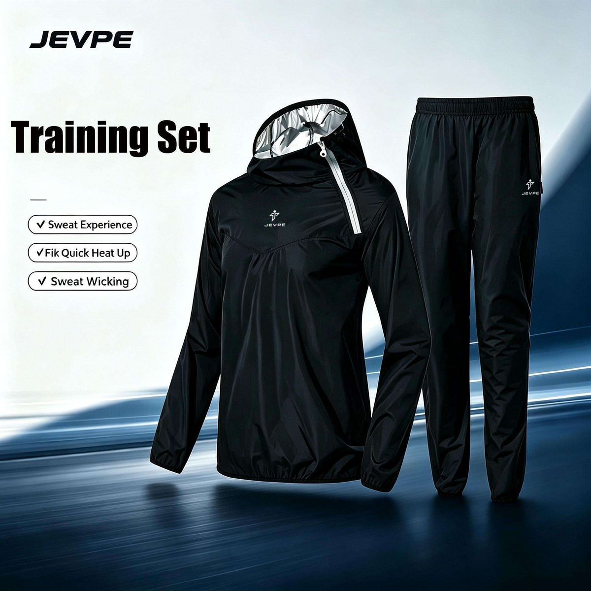 JEVPE sauna suit guide covering the jacket and pants set for gym, running, and boxing