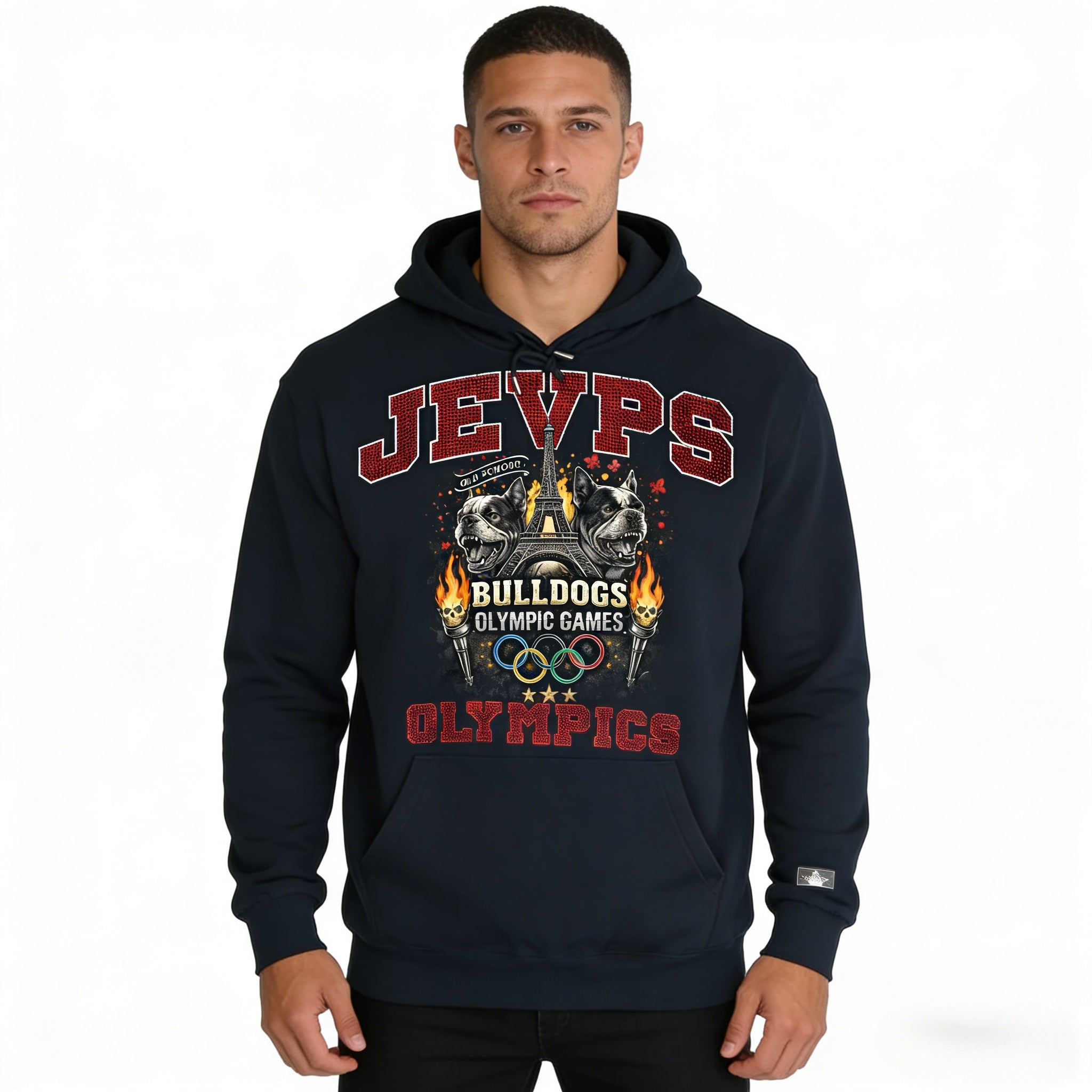 JEVPE men's oversized French Bulldog Olympic Games vintage streetwear hoodie, featuring bold graphic design and comfortable fit.