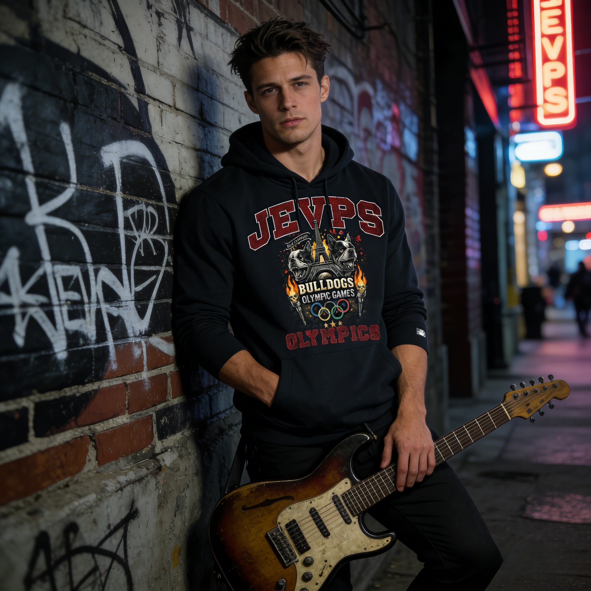 JEVPE men's oversized French Bulldog Olympic Games vintage streetwear hoodie, featuring bold graphic design and comfortable fit.