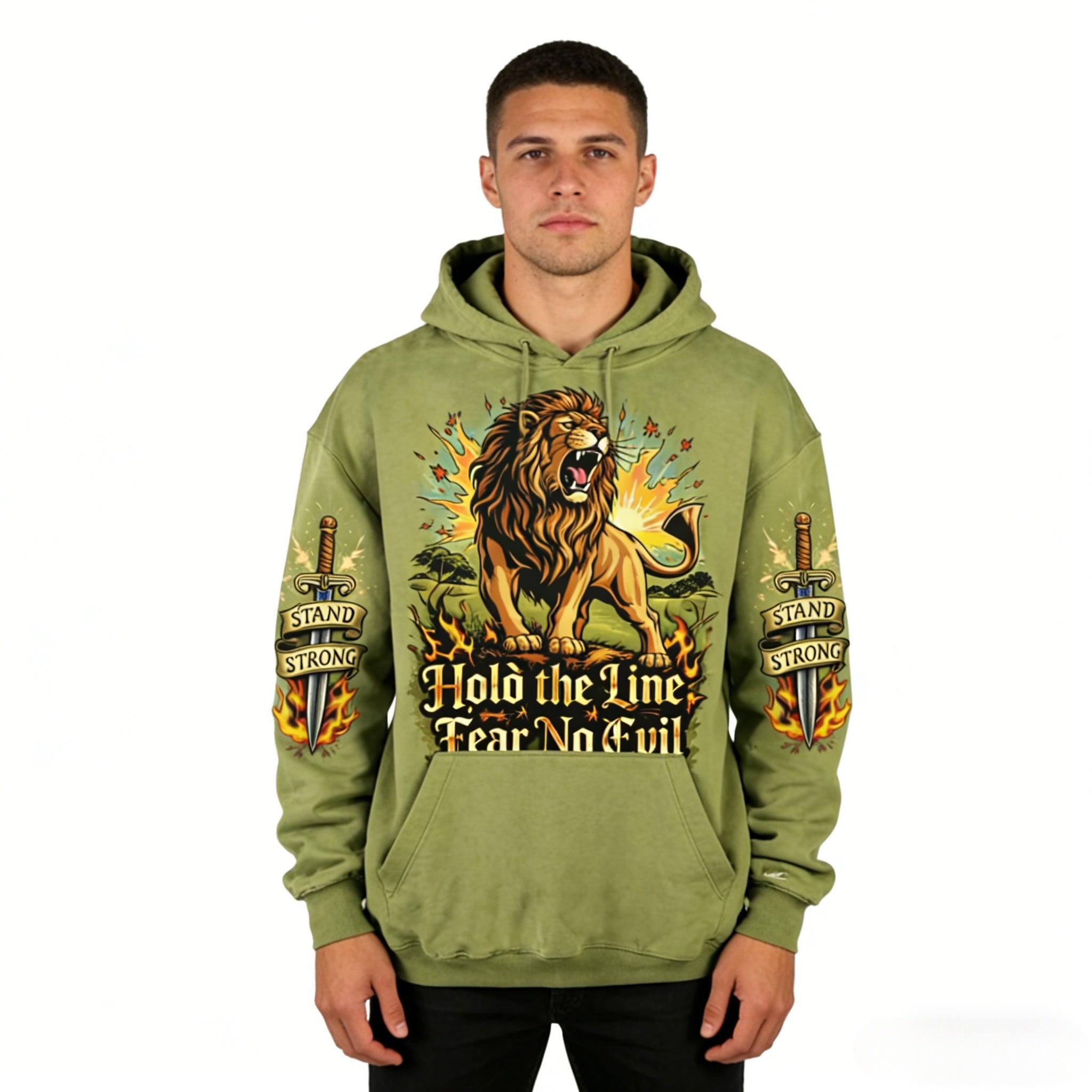 Men's oversized JEVPE hoodie with roaring lion graphic and "Hold The Line" text, vintage streetwear style.