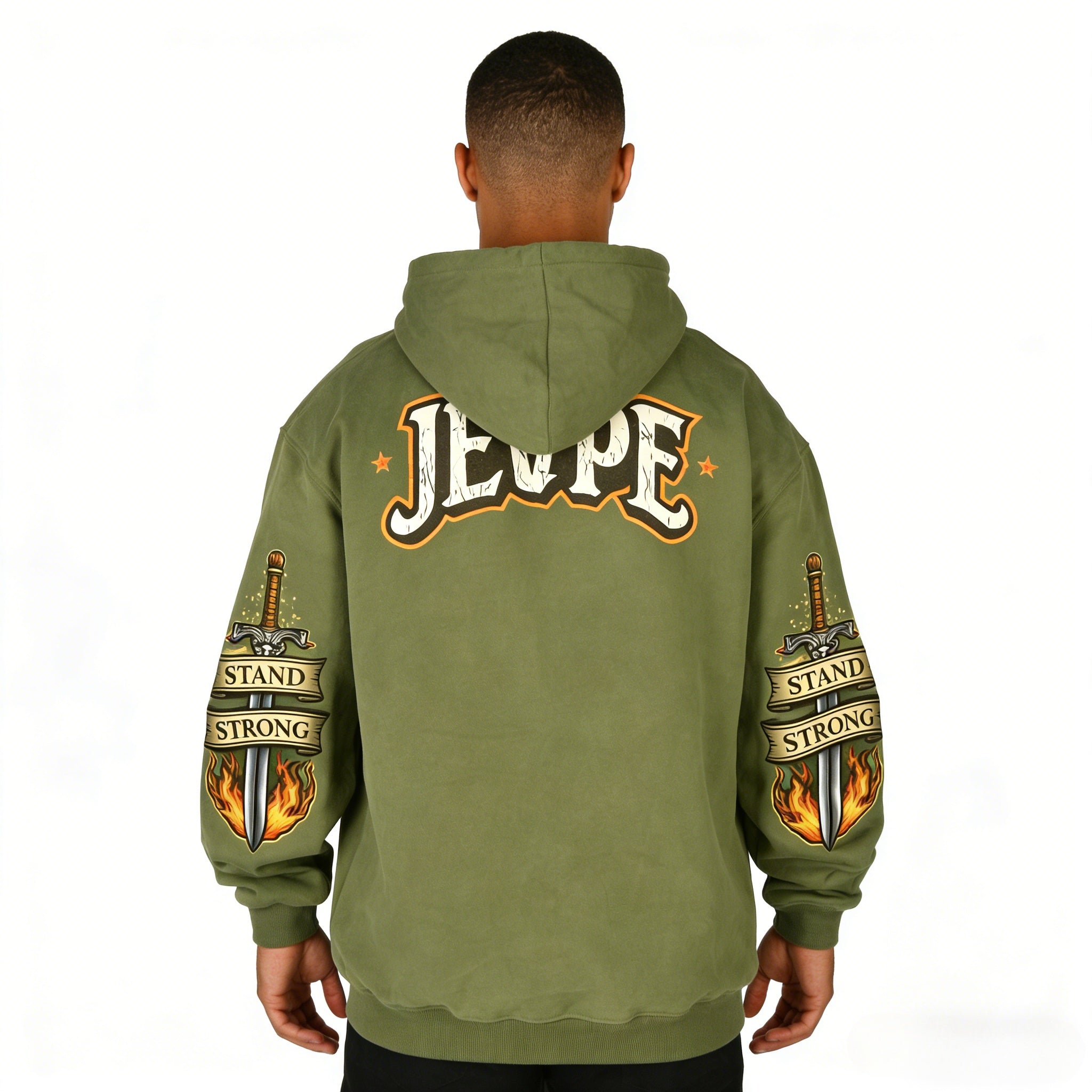 Men's oversized hoodie by JEVPE featuring a roaring lion graphic and "Hold The Line" vintage streetwear design.