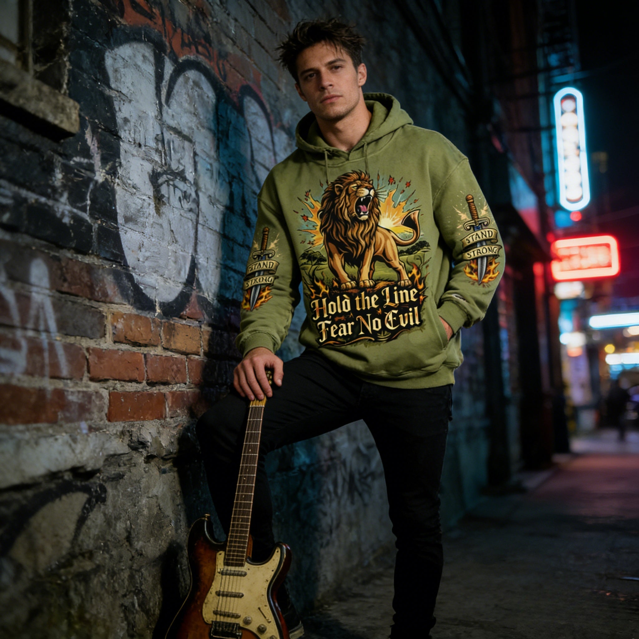 JEVPE men's oversized hoodie with roaring lion graphic, vintage streetwear style, featuring bold "Hold The Line" design on front.