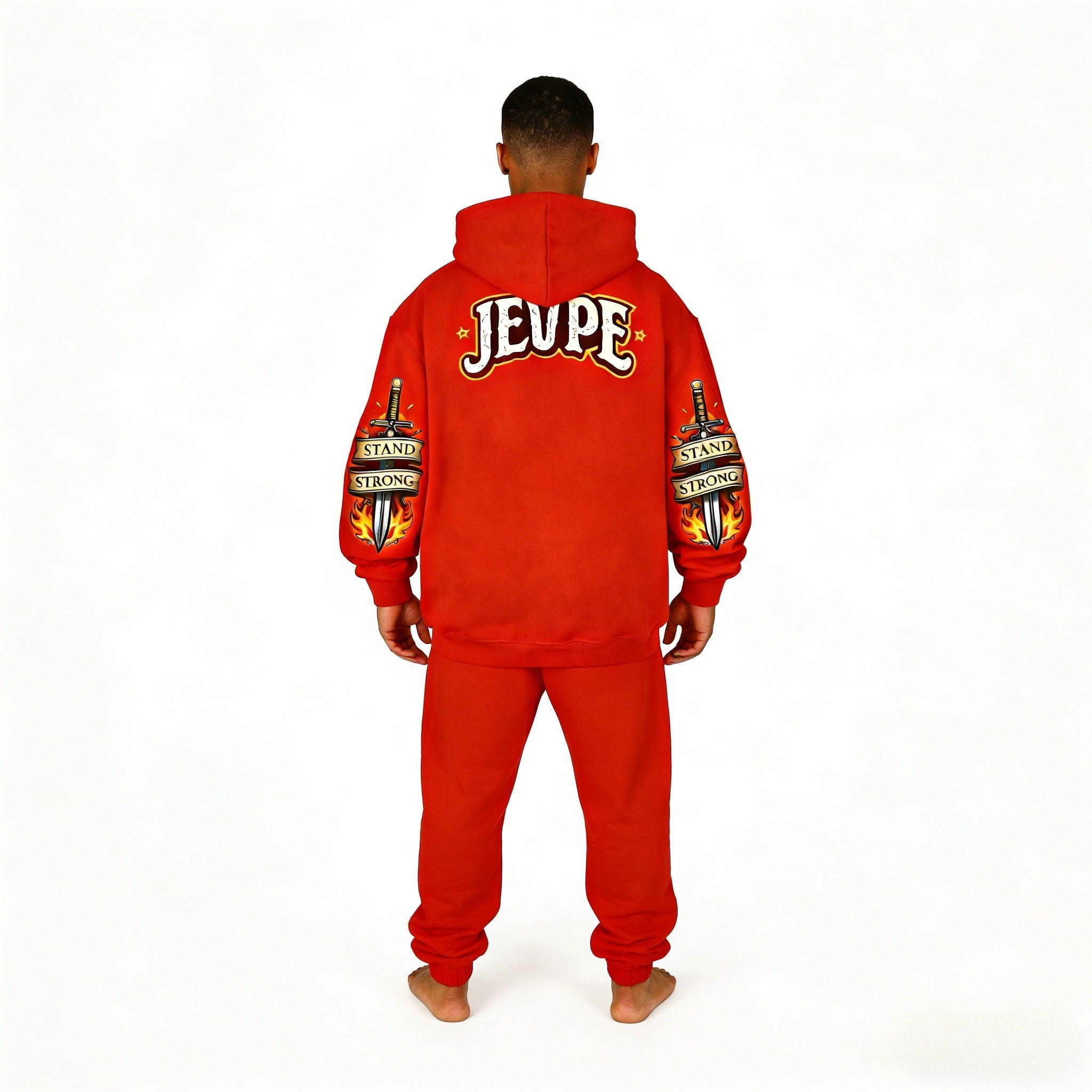 JEVPE men's oversized red hoodie featuring a roaring lion graphic and "Hold The Line" vintage streetwear style.