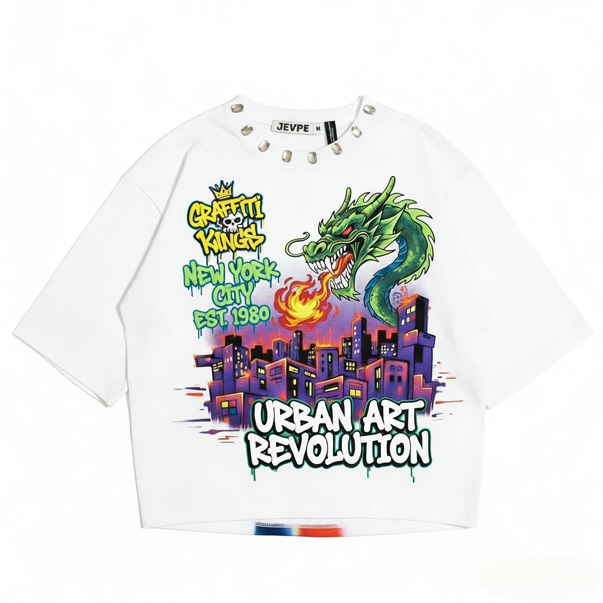 JEVPE Graffiti Kings NYC dragon print cropped top in white urban streetwear with bold graffiti art design.