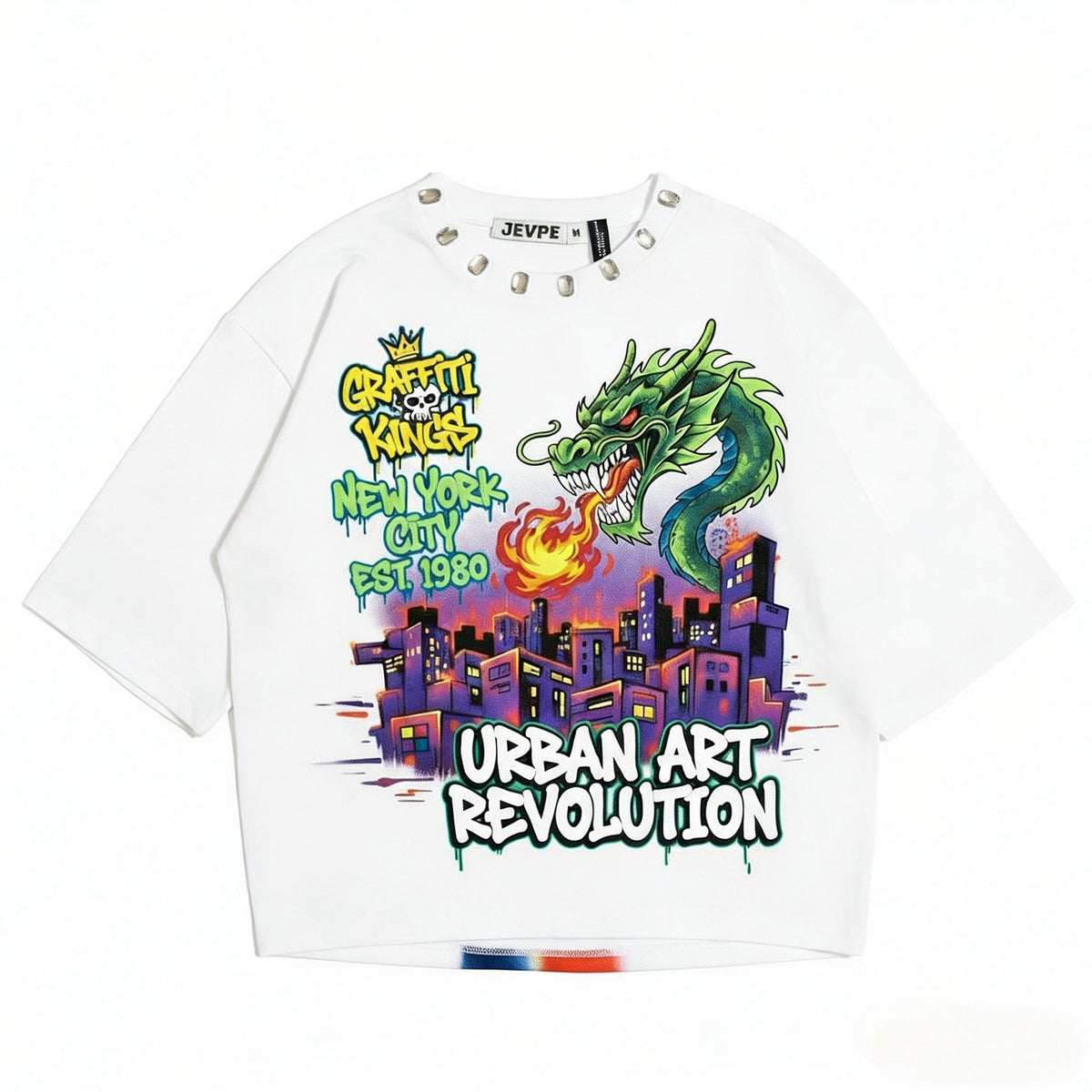 JEVPE Graffiti Kings NYC dragon print cropped top in white urban streetwear with bold graffiti art design.