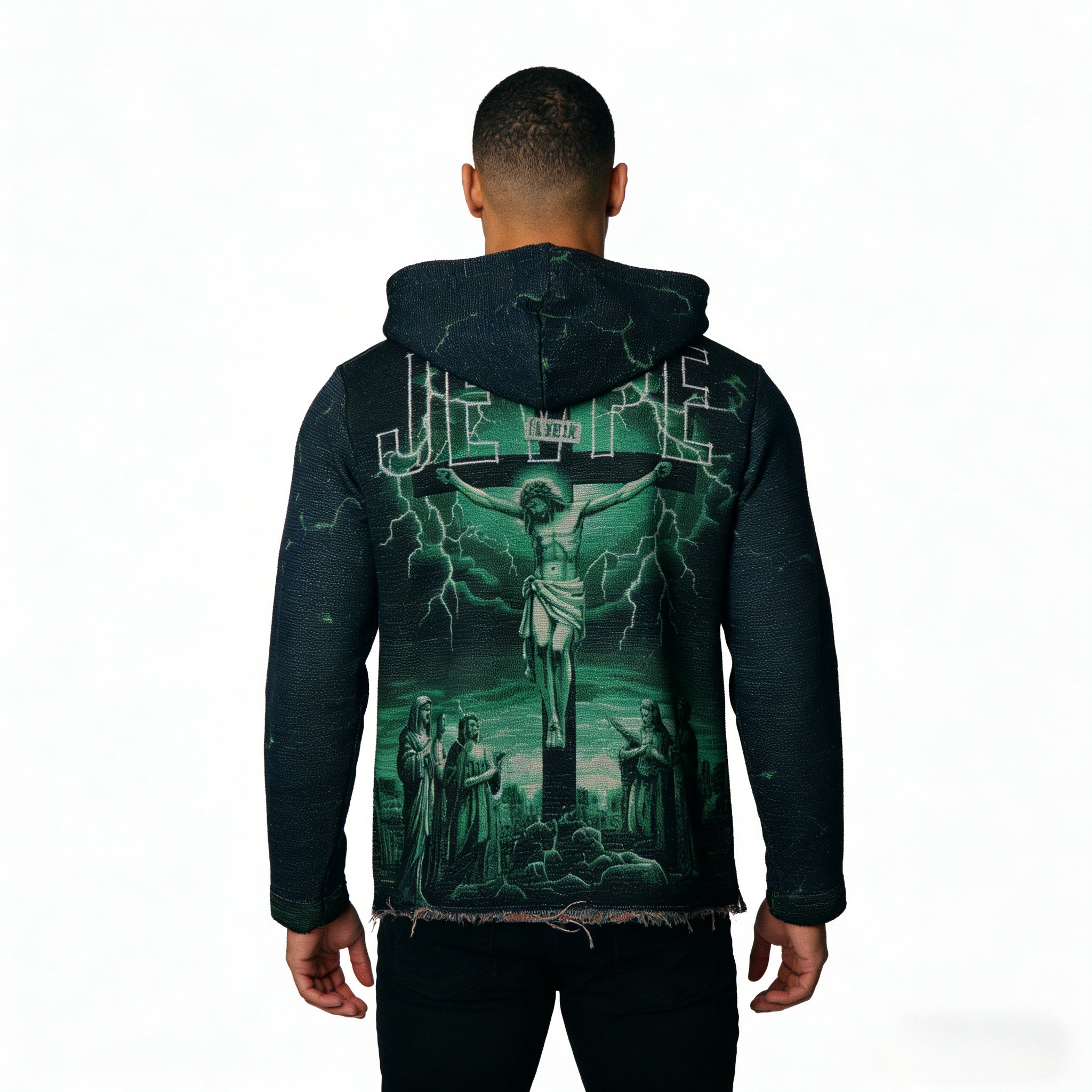 Green oversized hoodie featuring a Jesus crucifixion and lightning Gothic streetwear design by JEVPE.