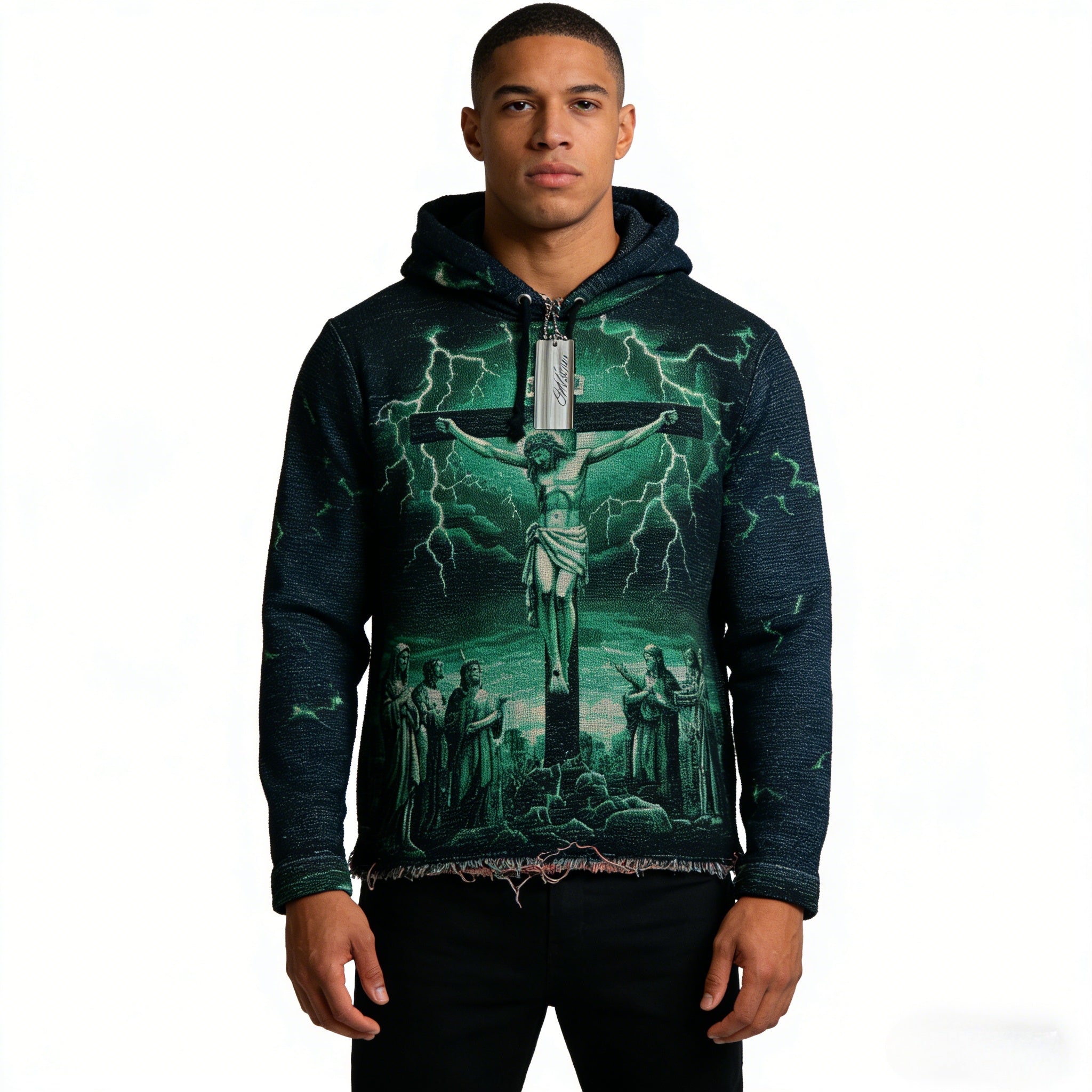 Green gothic streetwear hoodie featuring an oversized Jesus crucifixion tapestry design by JEVPE.