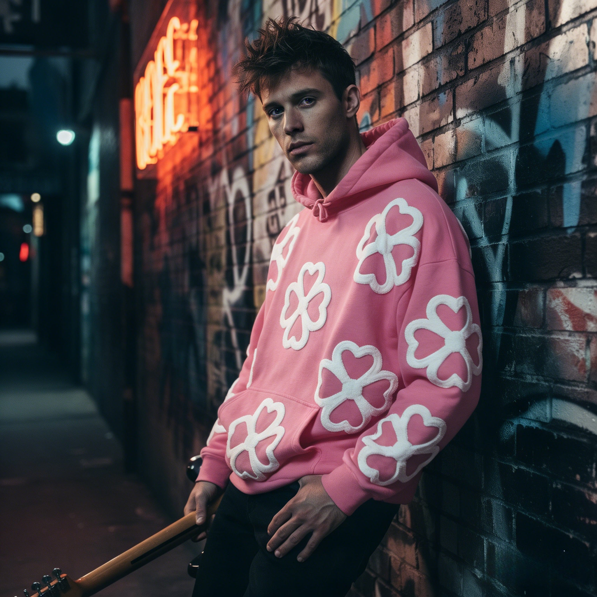 Unisex oversized pink hoodie with heart and clover appliqué, made of terry cloth, by JEVPE.