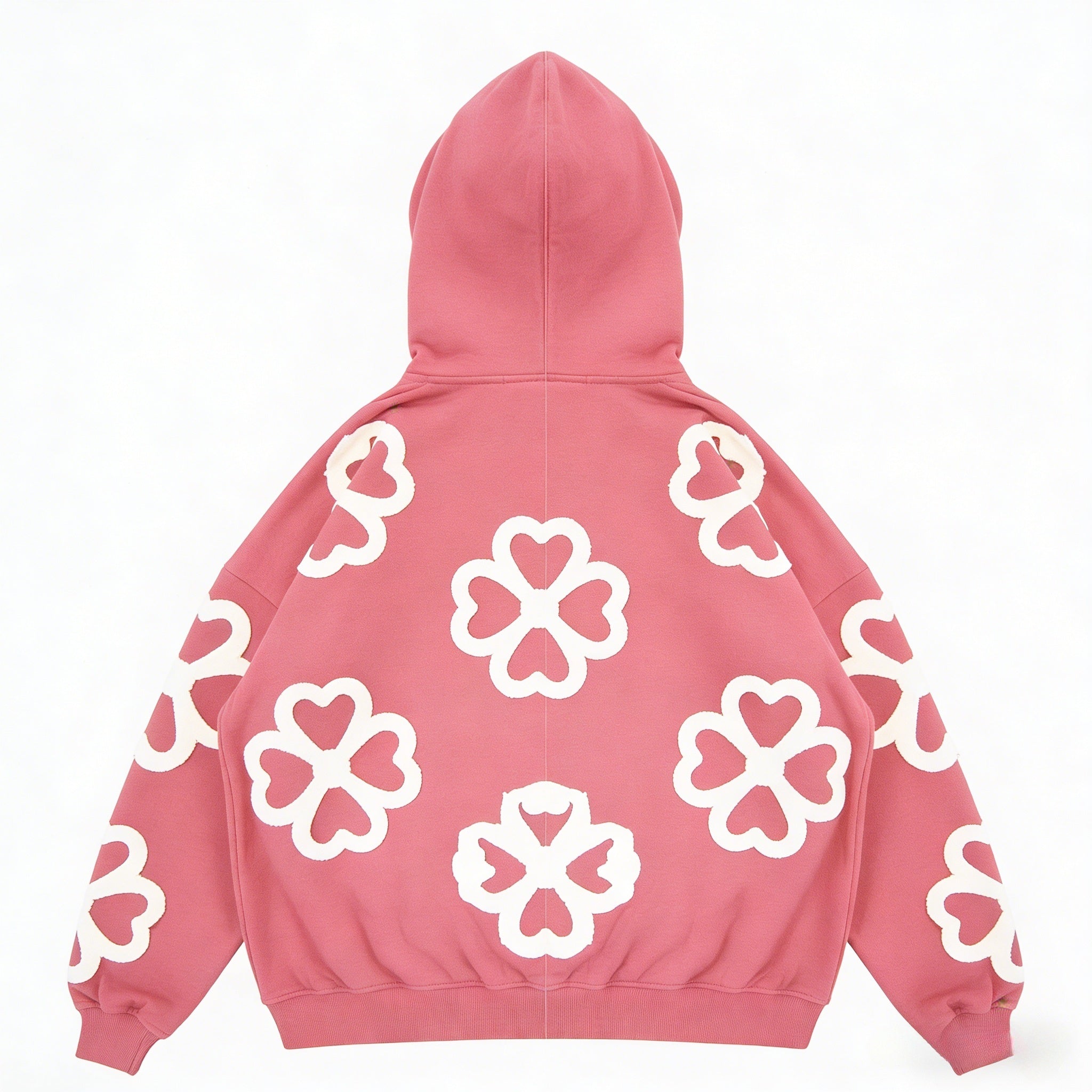 Unisex oversized pink hoodie featuring heart and clover appliqué designs made of terry cloth by JEVPE.