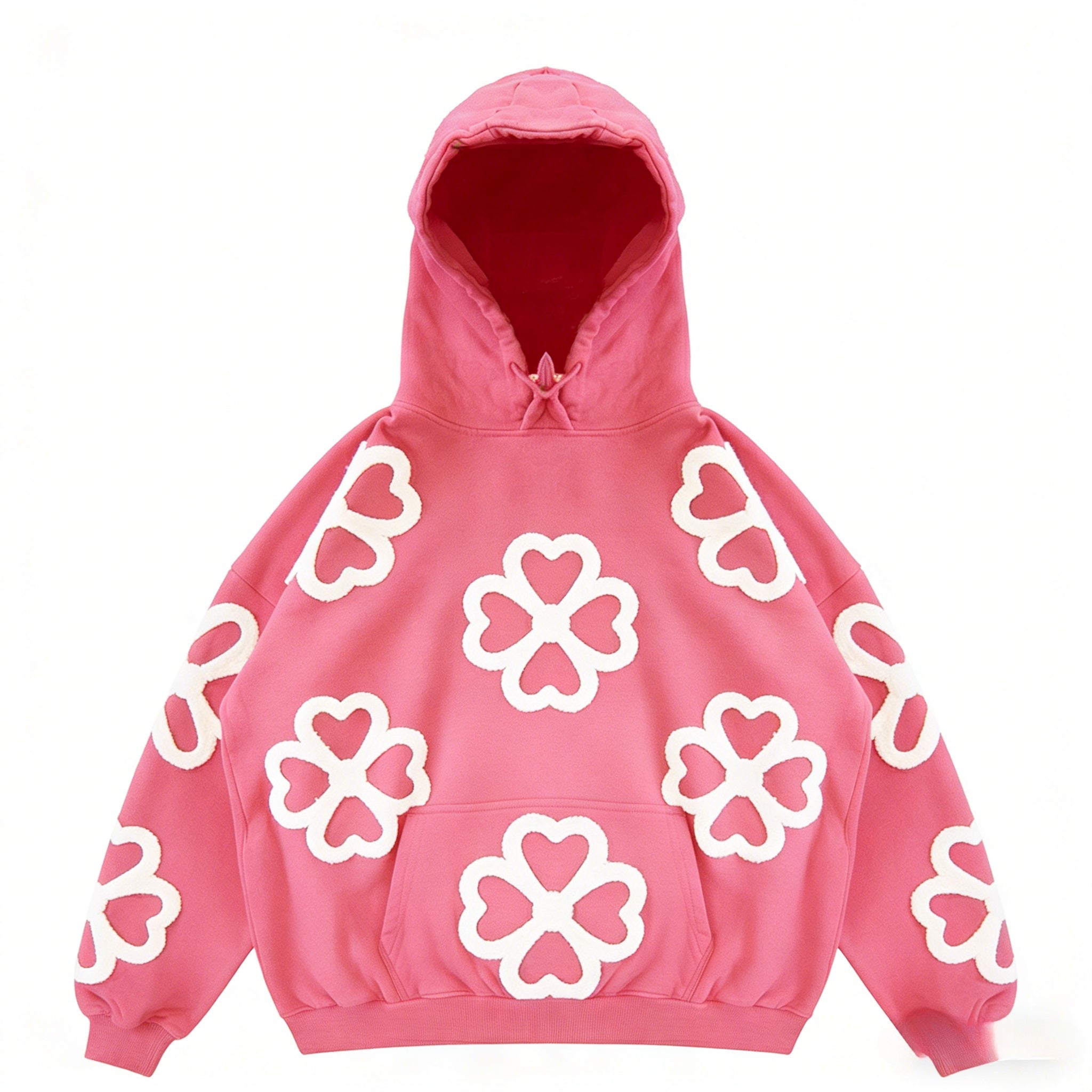Unisex oversized pink hoodie with heart and clover appliqué, made from soft terry cloth by JEVPE.