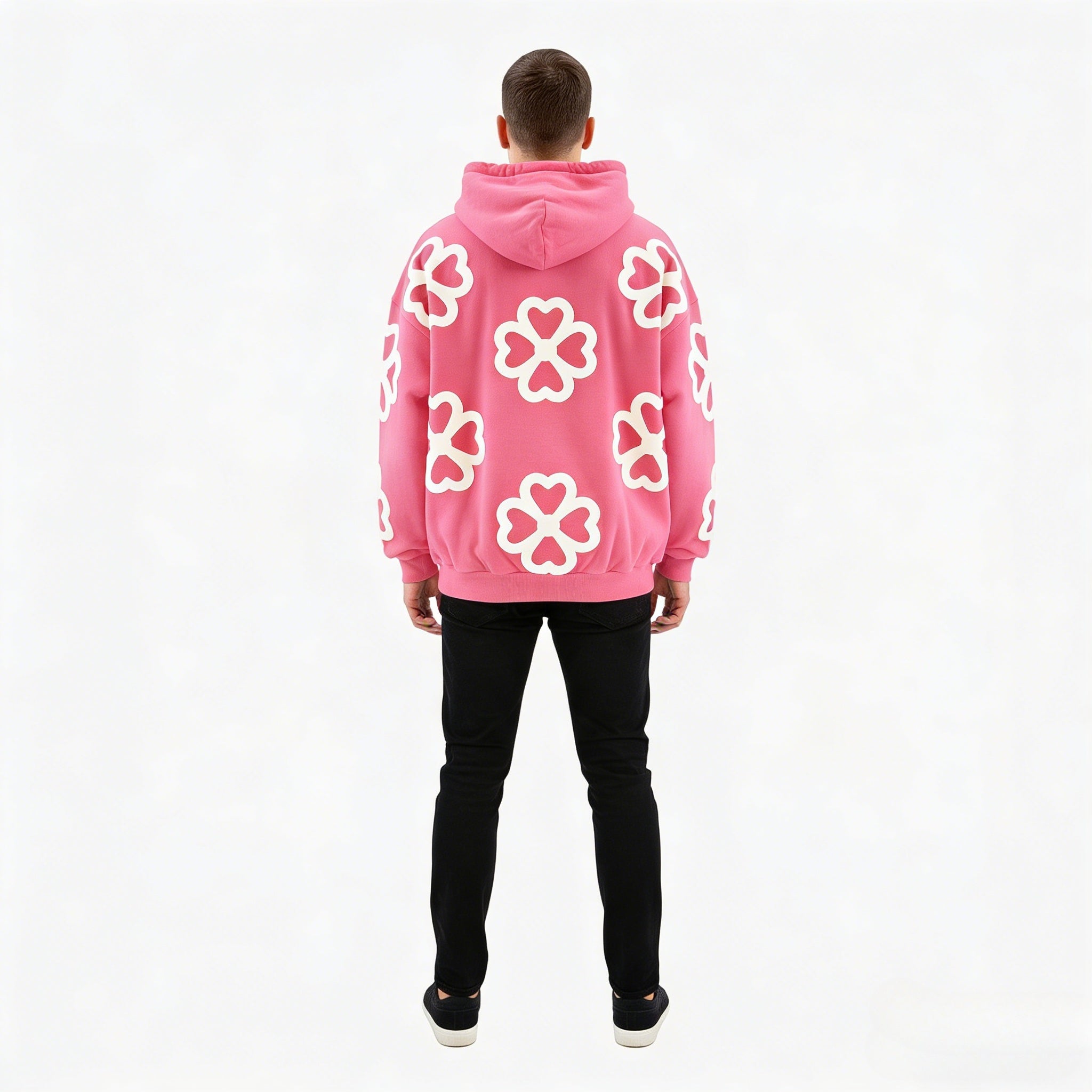 Unisex oversized pink hoodie with heart and clover appliqué, made of terry cloth, from JEVPE.
