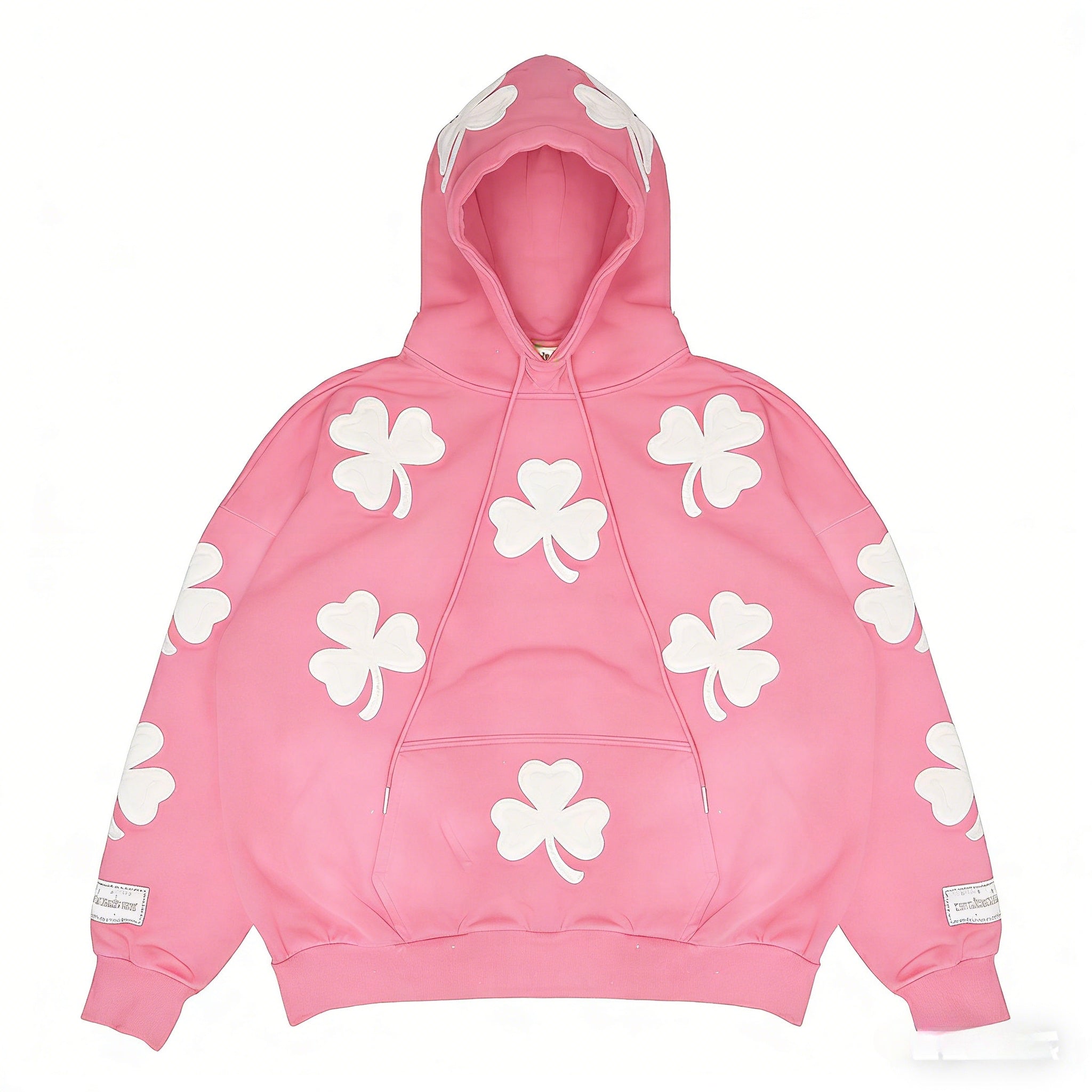 Pink oversized hoodie for men and women with 3-leaf clover appliqué, vintage streetwear style by JEVPE.