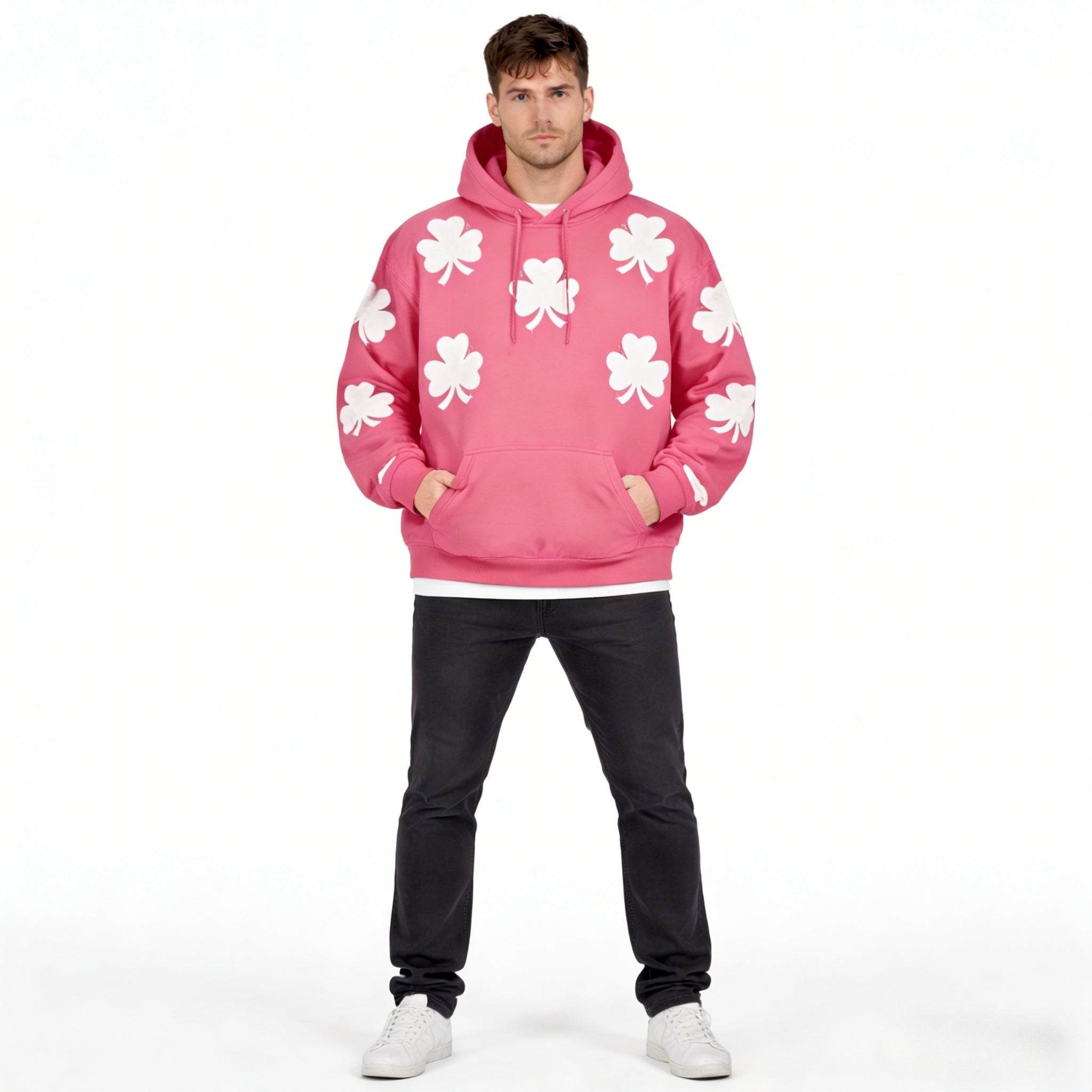 Pink oversized hoodie by JEVPE featuring green 3-leaf clover appliqué, casual vintage streetwear style with a relaxed fit.
