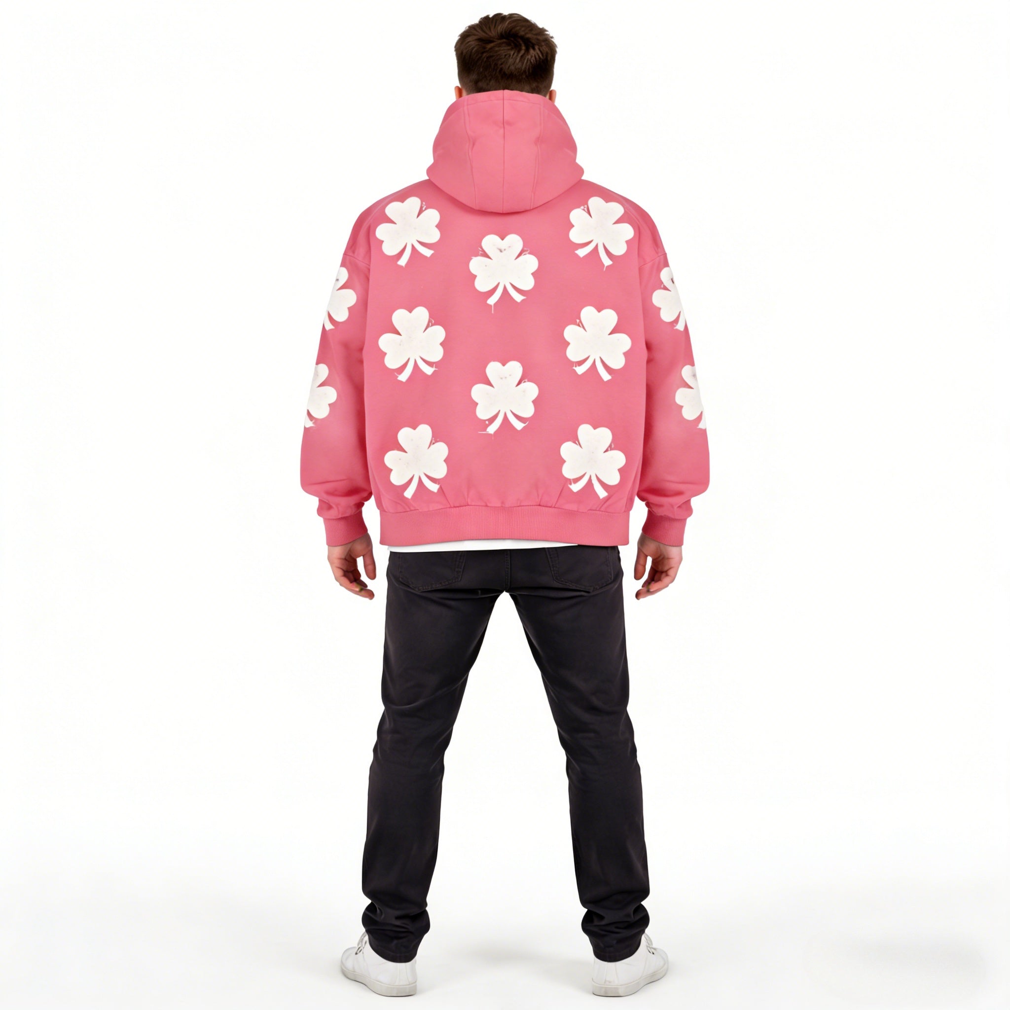 Pink oversized hoodie by JEVPE featuring a 3-leaf clover appliqué, vintage streetwear style, with a relaxed fit and casual design.