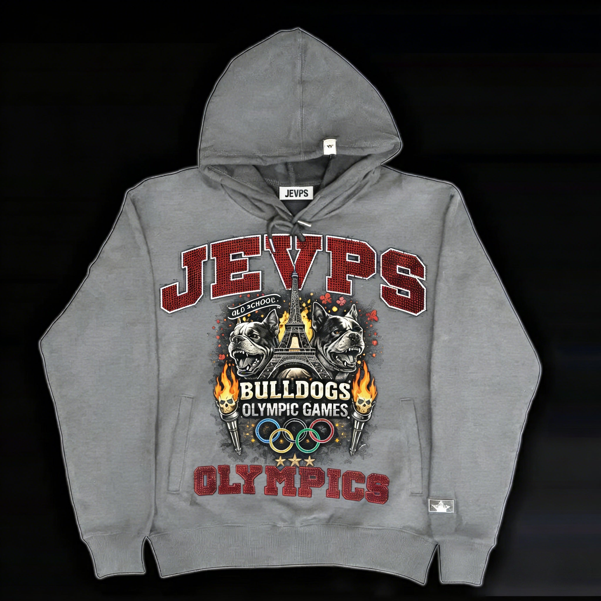 Gray oversized French Bulldog hoodie by JEVPE featuring vintage Olympic Games streetwear style, casual and comfortable.