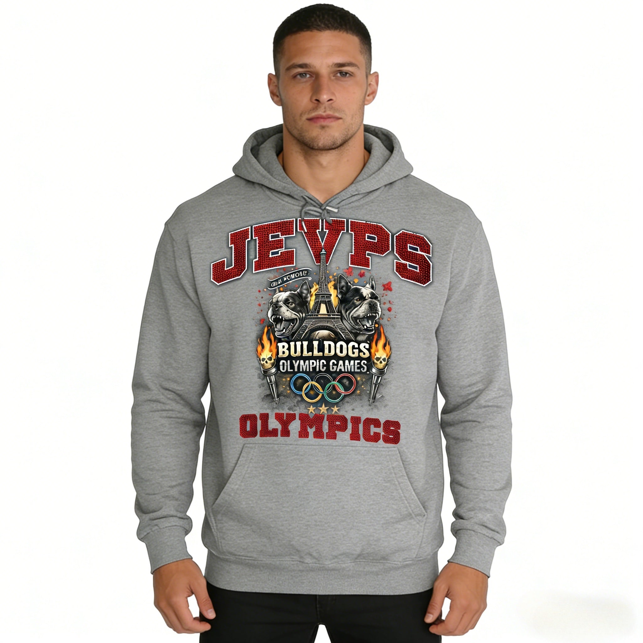 Gray oversized men's hoodie by JEVPE featuring a vintage French Bulldog Olympic Games streetwear design.