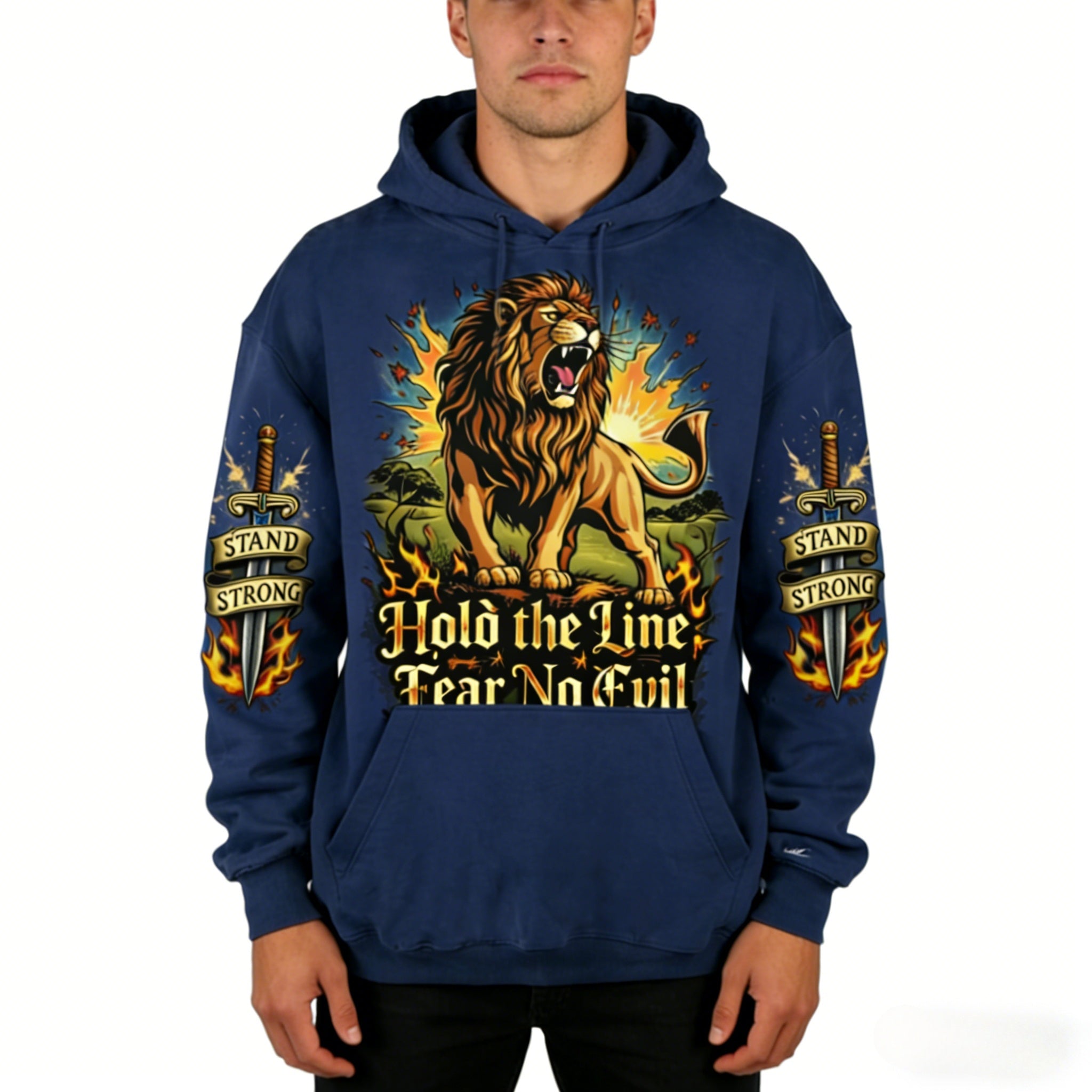 Men's oversized navy hoodie by JEVPE featuring a roaring lion graphic and "Hold The Line" text, casual streetwear style.