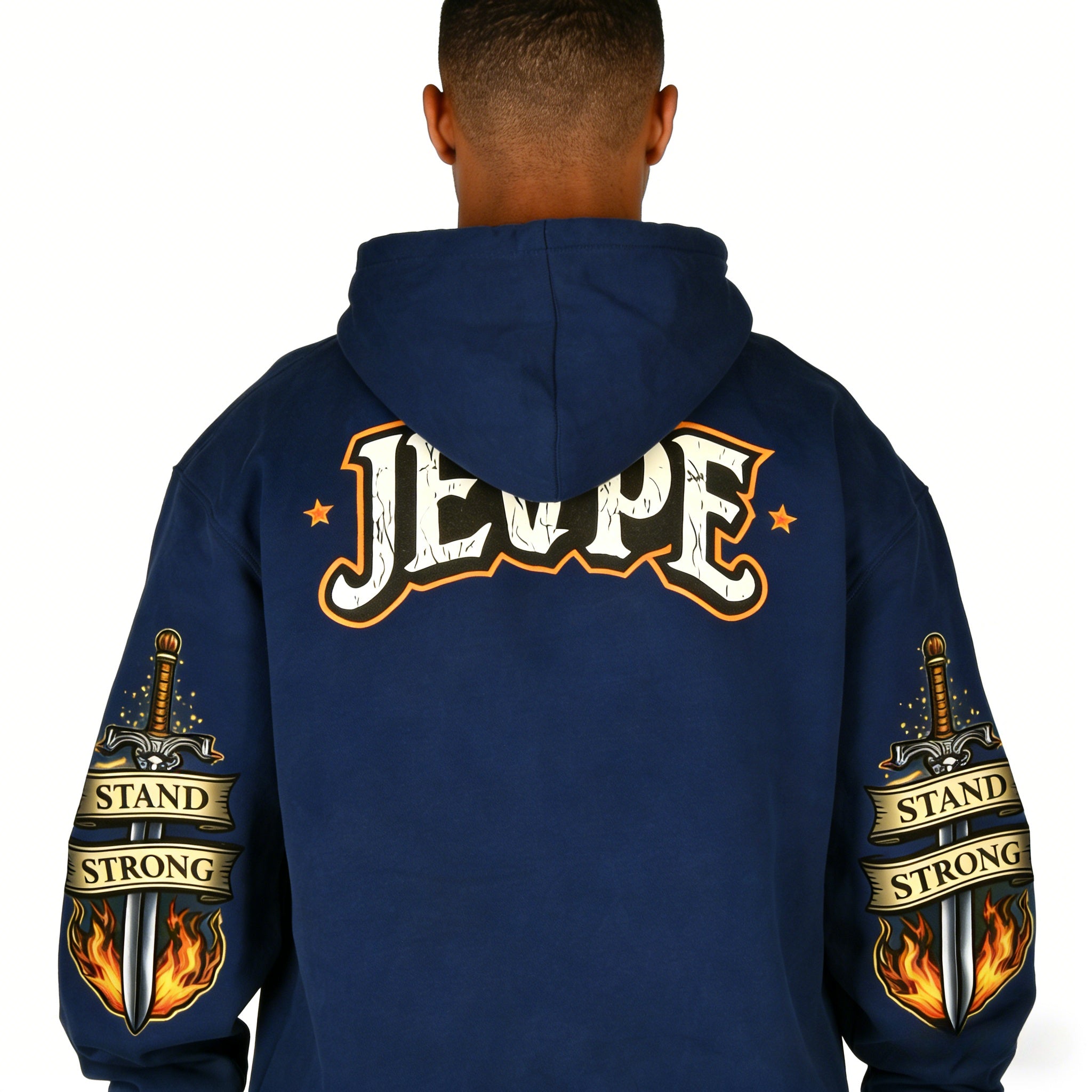 Men's navy oversized hoodie by JEVPE featuring a roaring lion graphic and "Hold The Line" slogan on the front.