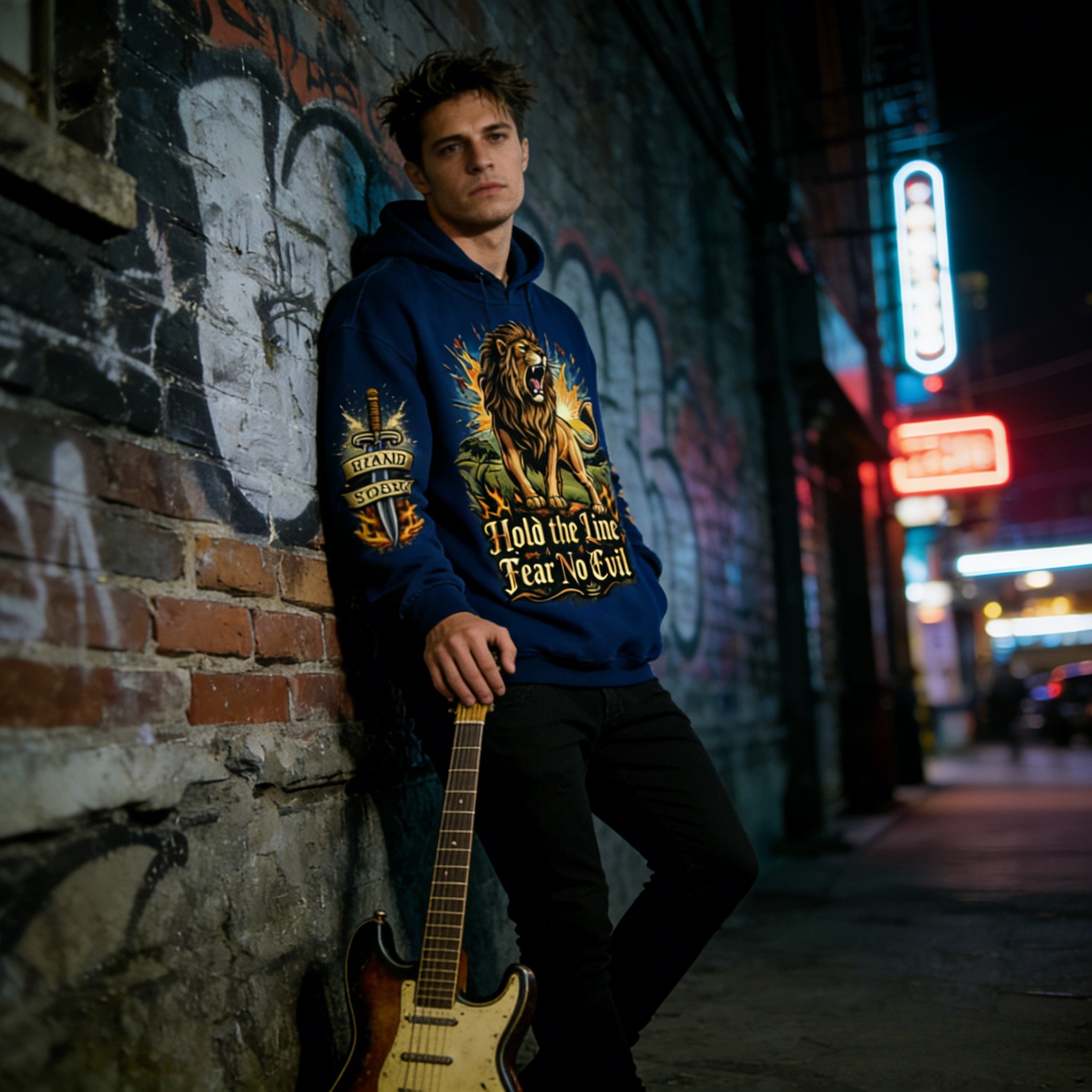 JEVPE men's oversized navy hoodie with roaring lion graphic and "Hold The Line" text, casual streetwear style.