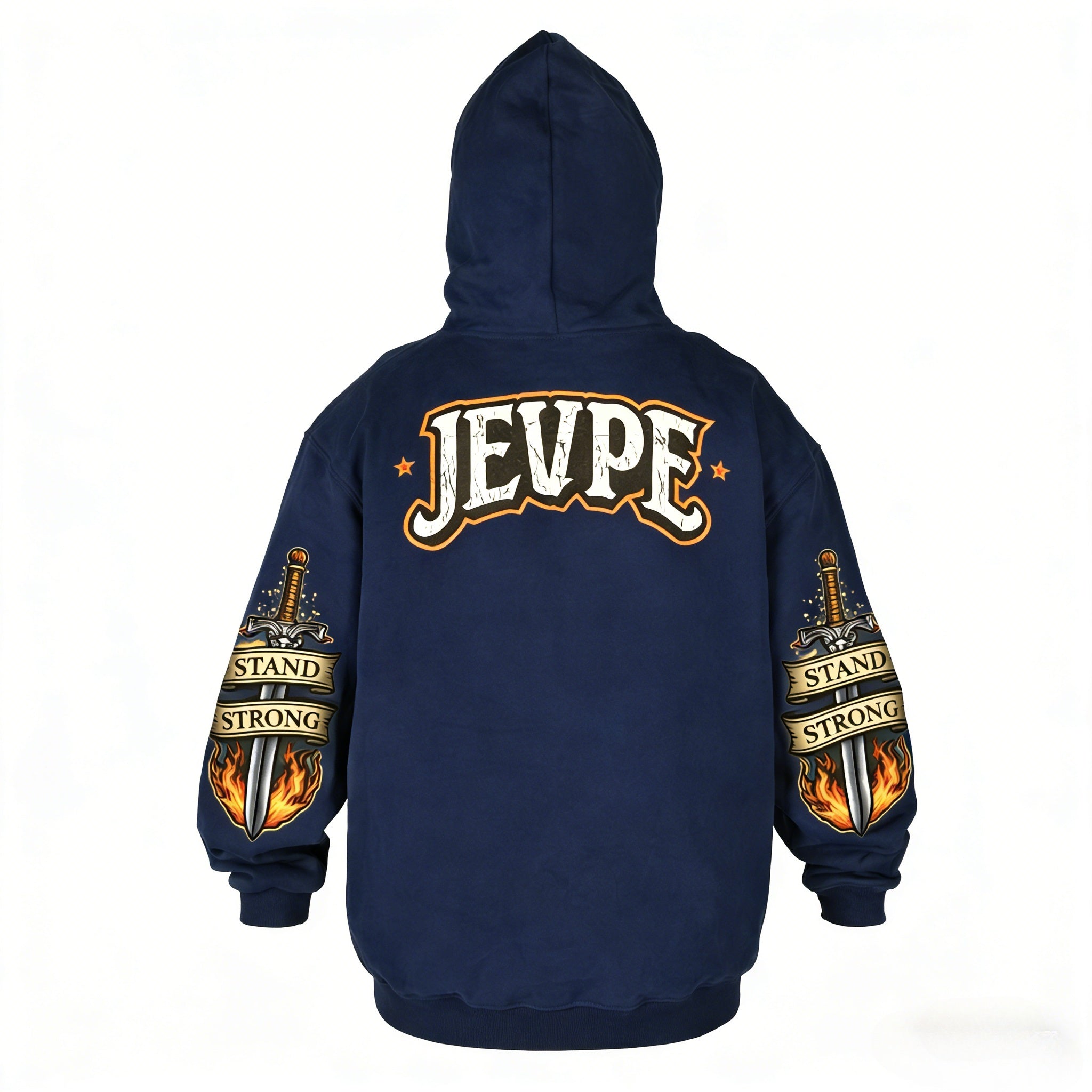 Men's oversized navy hoodie by JEVPE with a roaring lion graphic and "Hold The Line" slogan on the front.