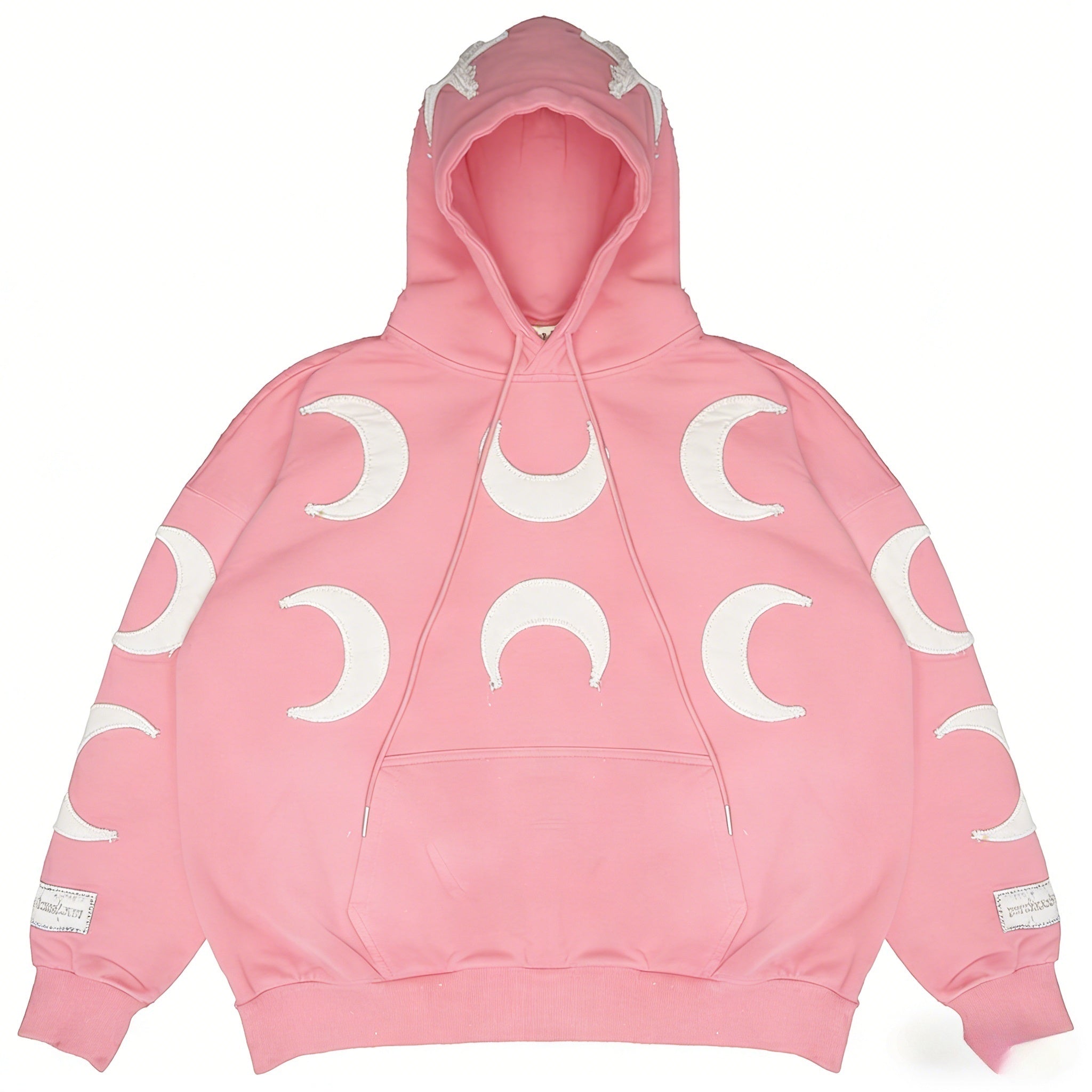 Pink oversized gothic hoodie with distressed crescent moon design by JEVPE, featuring a relaxed fit and bold style.