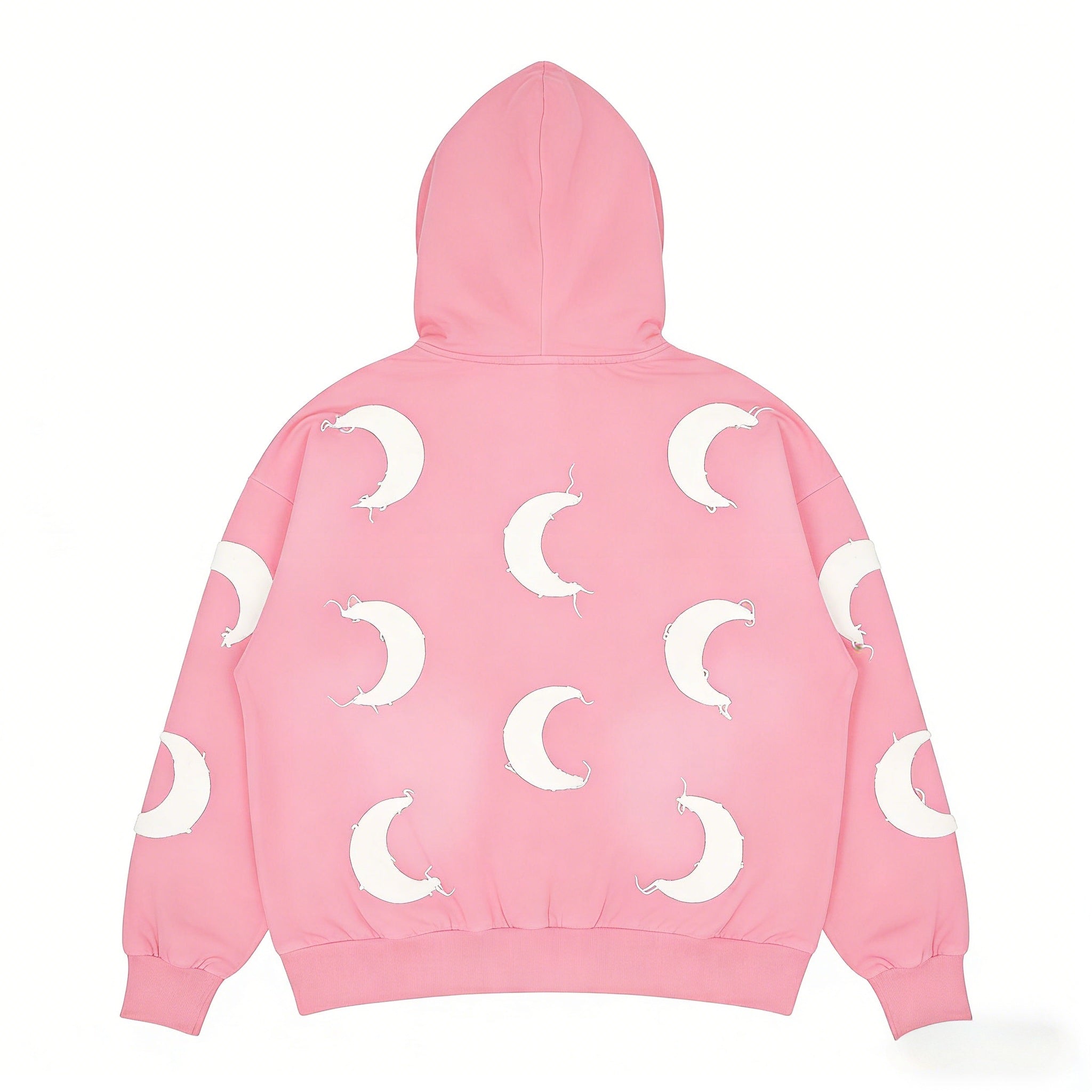 Pink oversized gothic hoodie with distressed crescent moon design from JEVPE, featuring a relaxed fit and bold style.