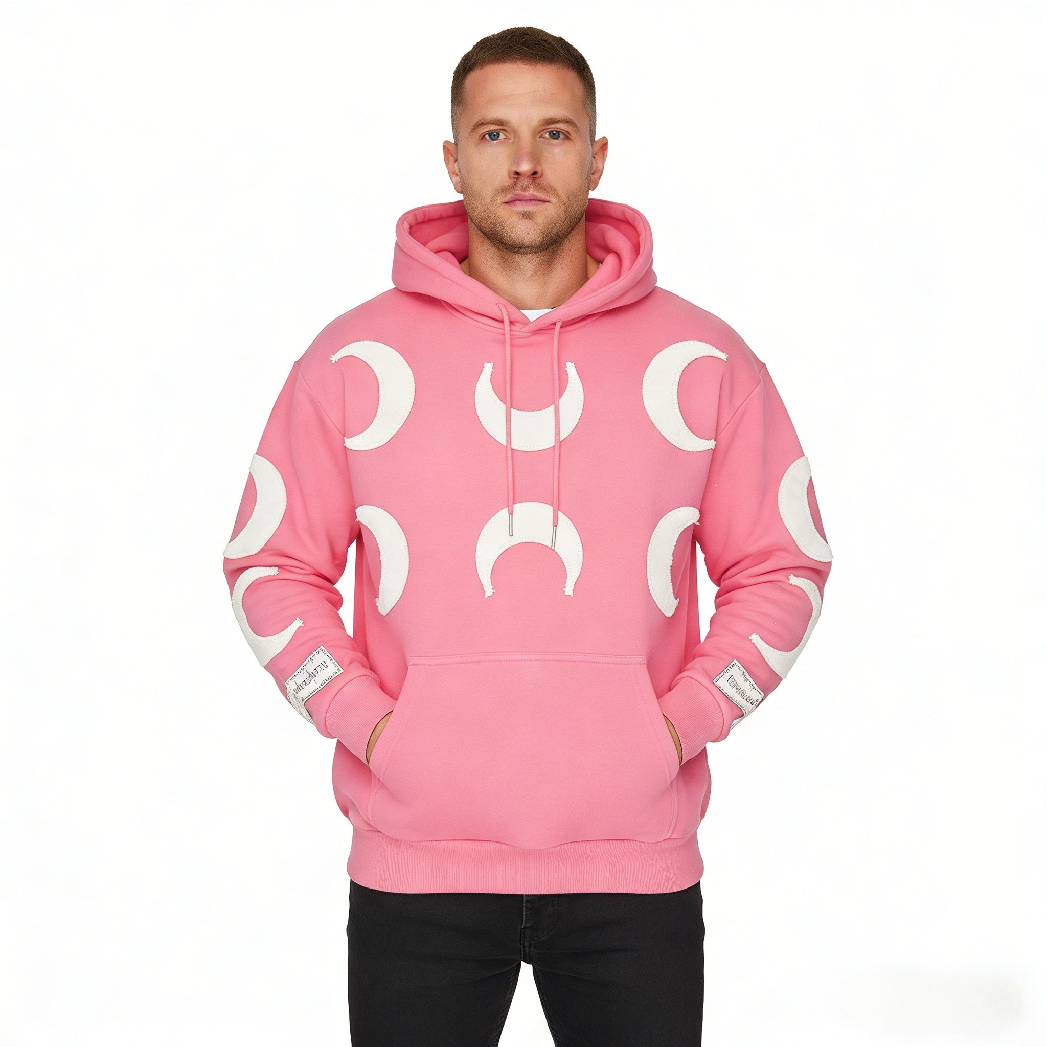 Pink oversized gothic hoodie with distressed crescent moon graphic from JEVPE, featuring a relaxed fit and gothic style.
