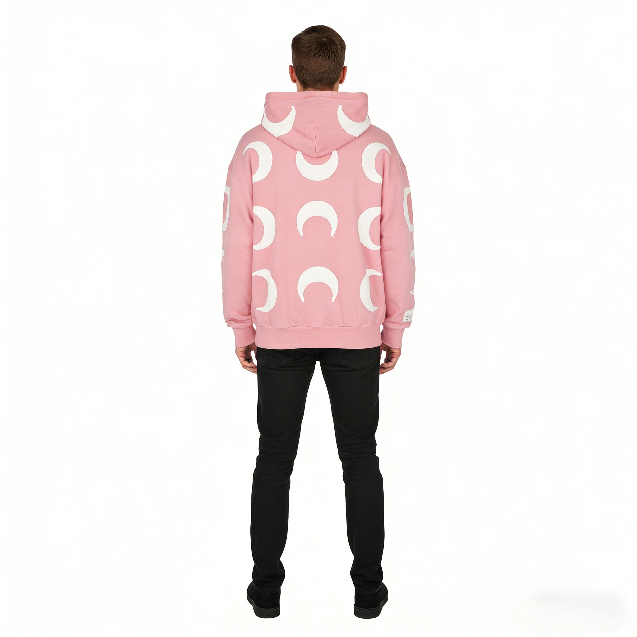 Pink oversized Gothic hoodie with distressed crescent moon design by JEVPE, featuring a relaxed fit and bold streetwear style.