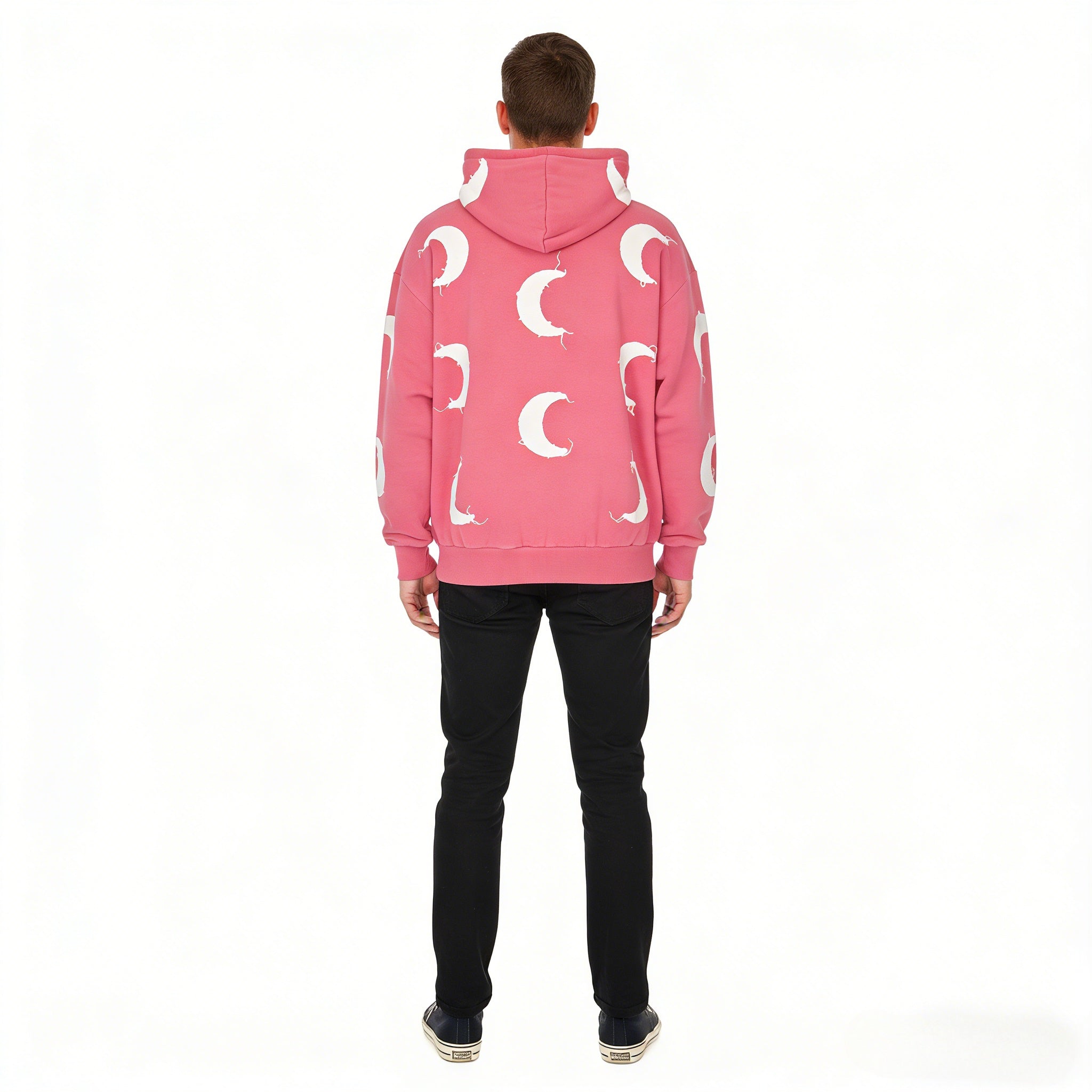 Pink distressed crescent moon gothic hoodie by JEVPE featuring oversized fit and gothic design, shown on a model.