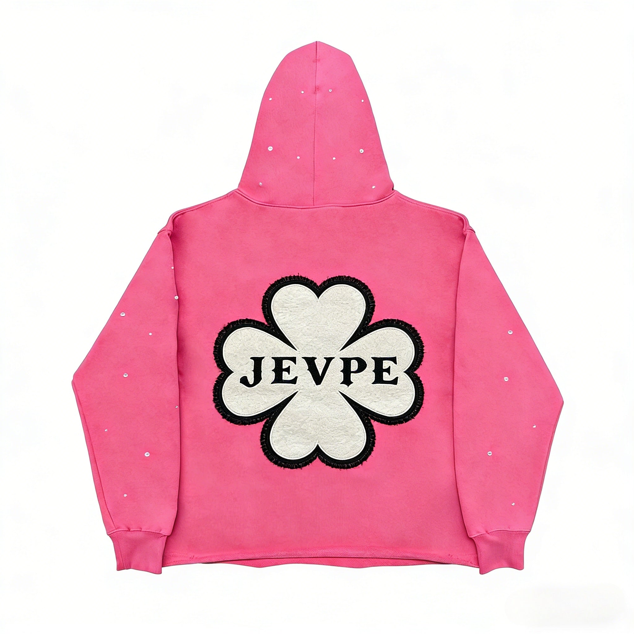 Pink oversized hoodie by JEVPE featuring a guitar rose graphic and "Raised On Classic Rock" text.