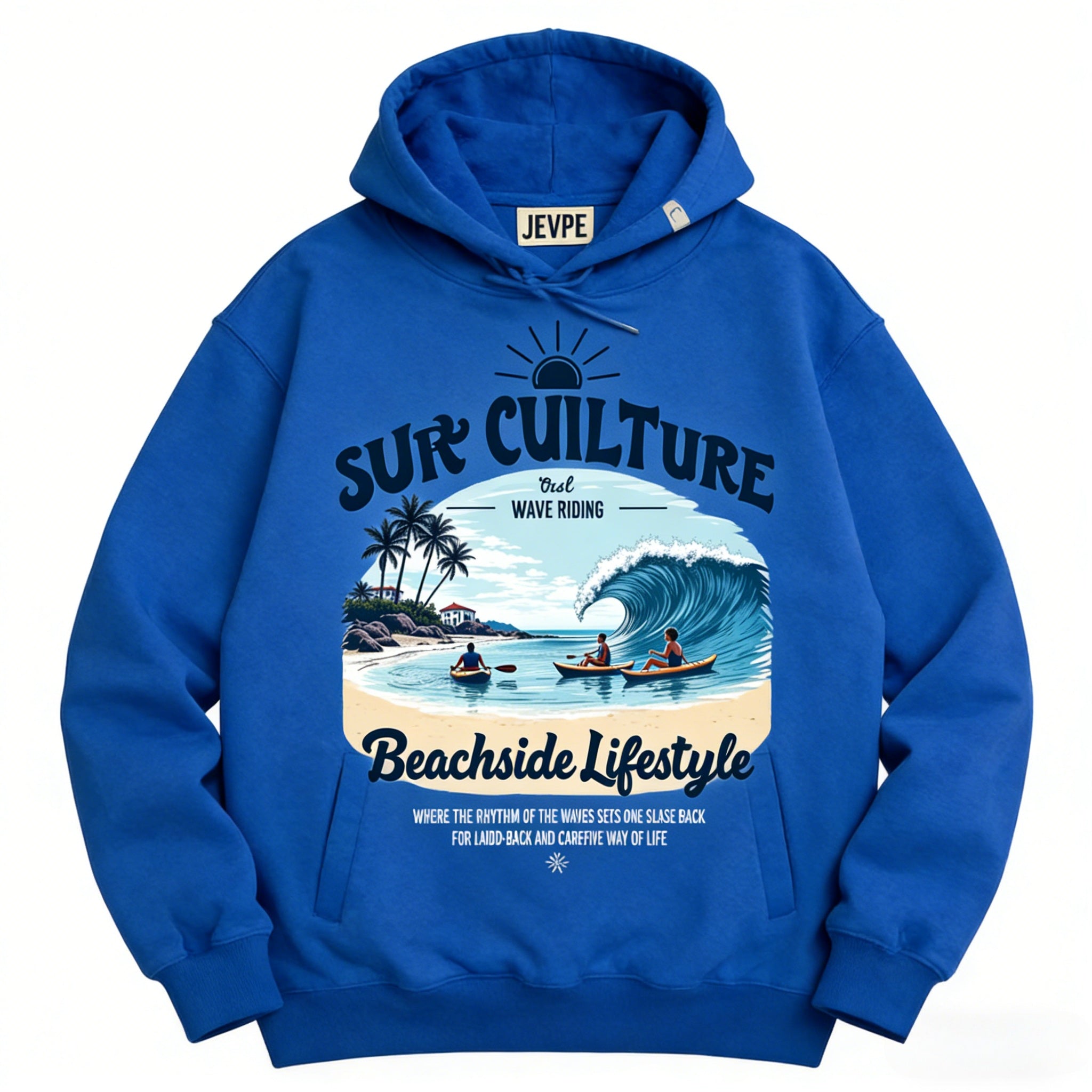 JEVPE men's vintage wave riding beach graphic streetwear pullover hoodie with ocean-inspired design and comfortable fit.