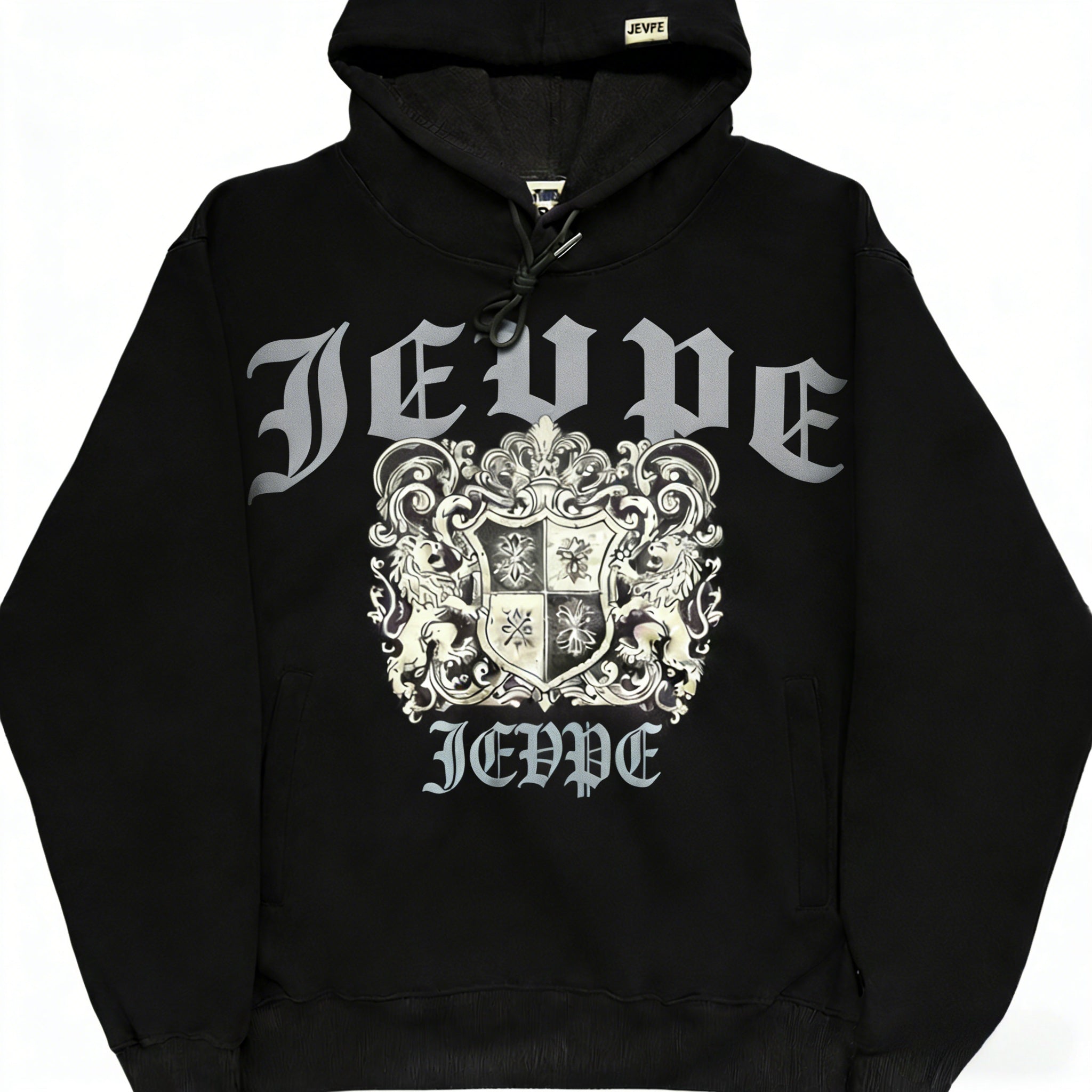 JEVPE men's oversized black gothic crest hoodie with vintage streetwear style, featuring a large crest graphic on the front.