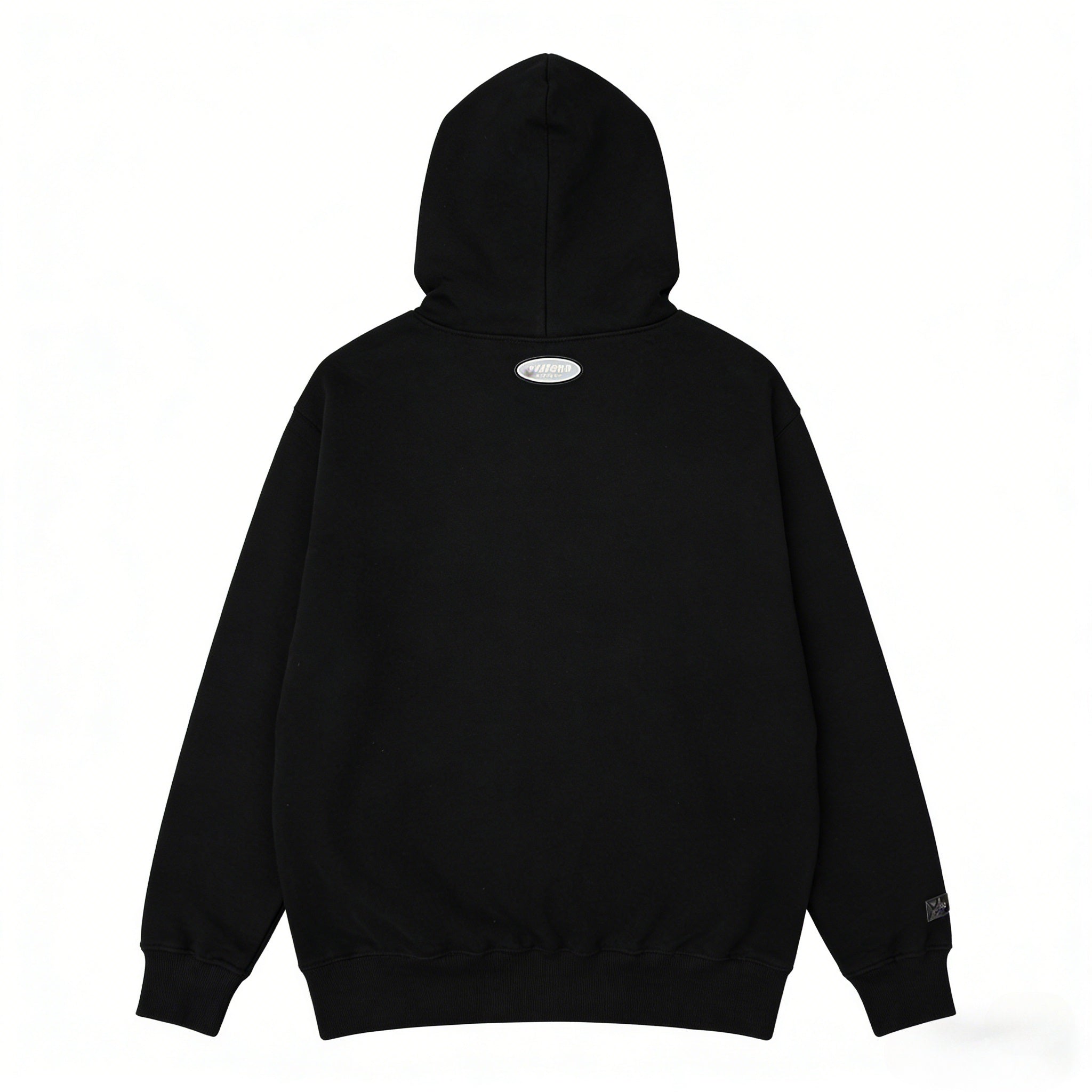 JEVPE men's oversized black Gothic crest hoodie with vintage streetwear style, featuring a bold crest graphic on the front.