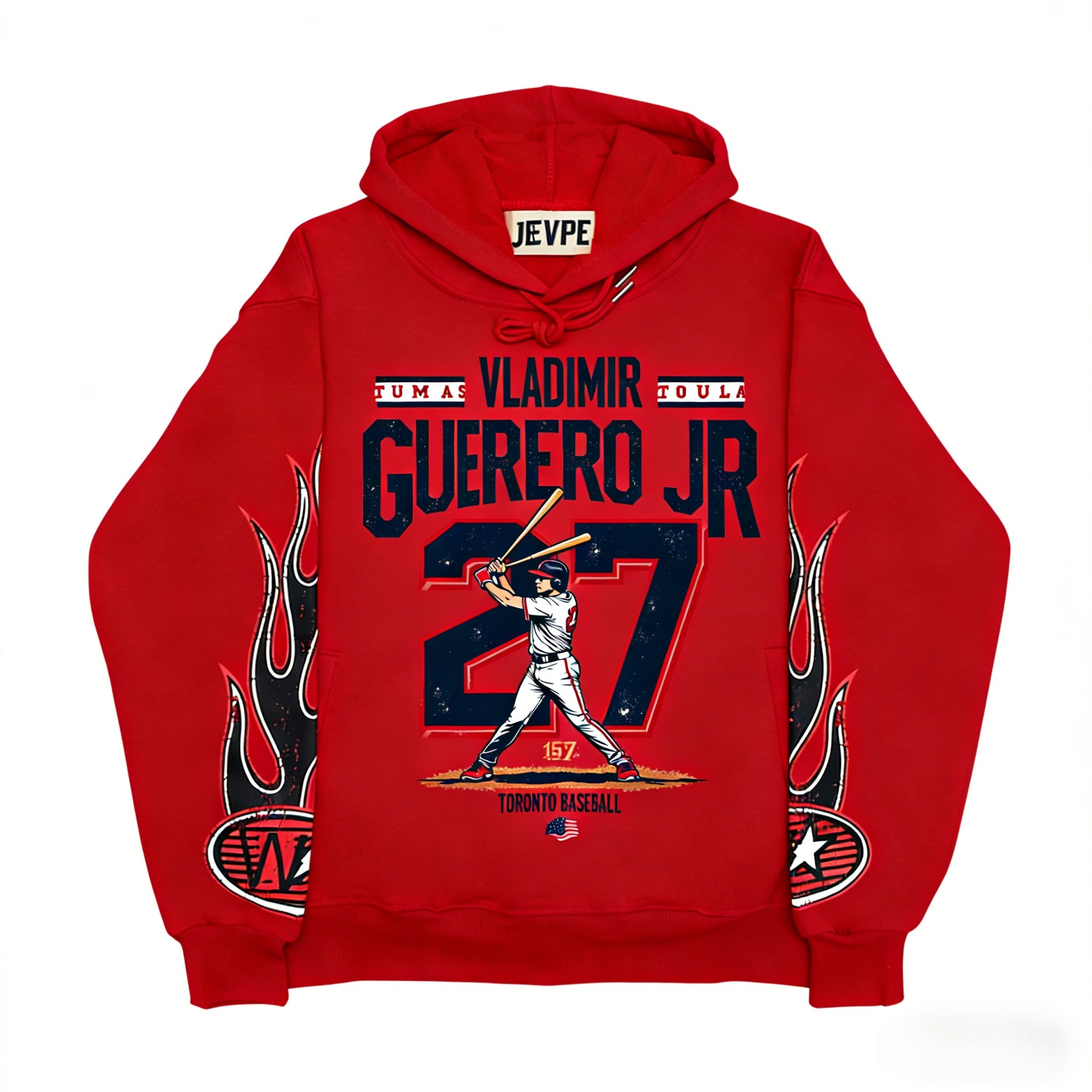 JEVPE men's oversized hoodie featuring Vladimir Guerrero Jr. Toronto baseball graphic in navy with front print.