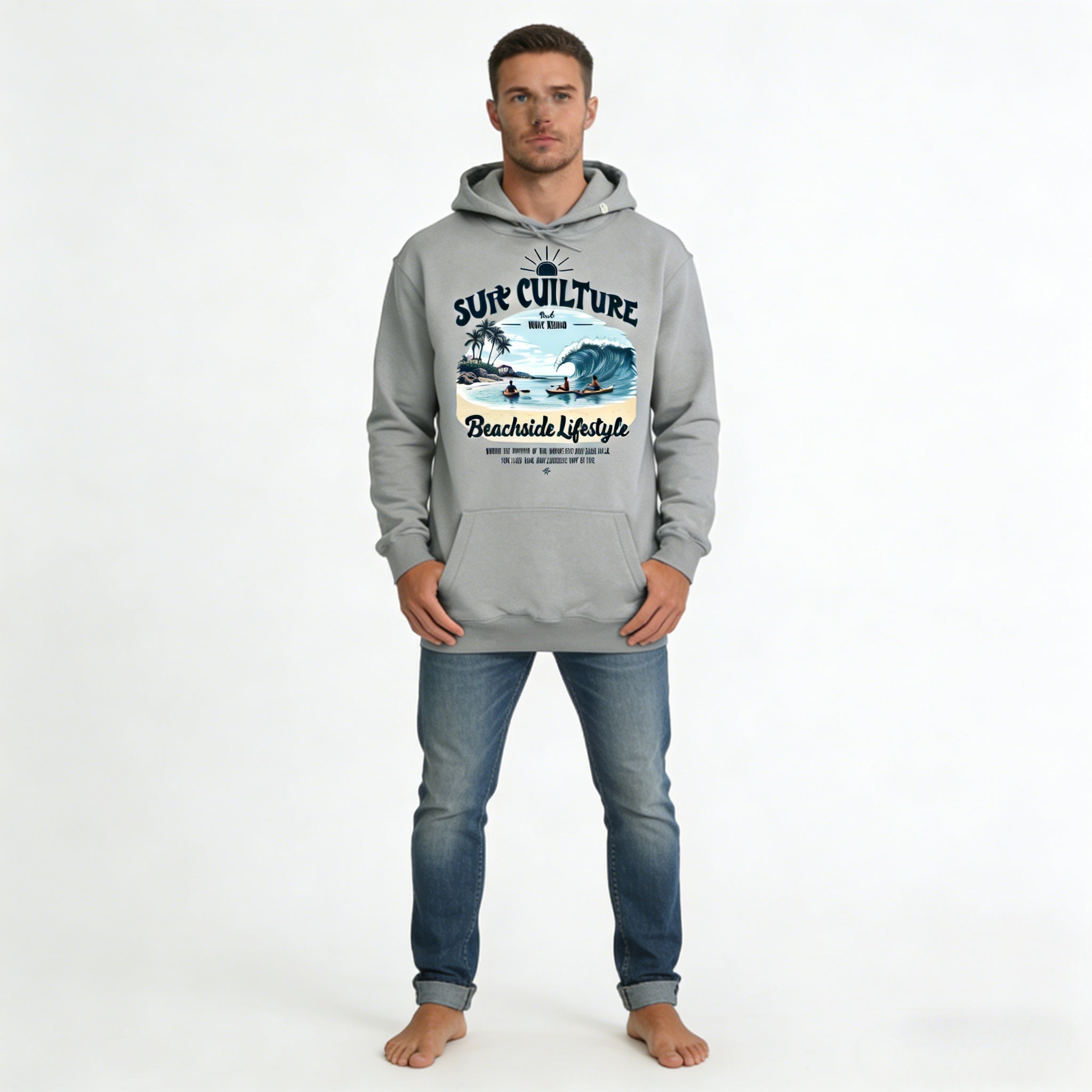 Gray oversized men's hoodie with surf culture graphic design, casual beachside lifestyle style by JEVPE.