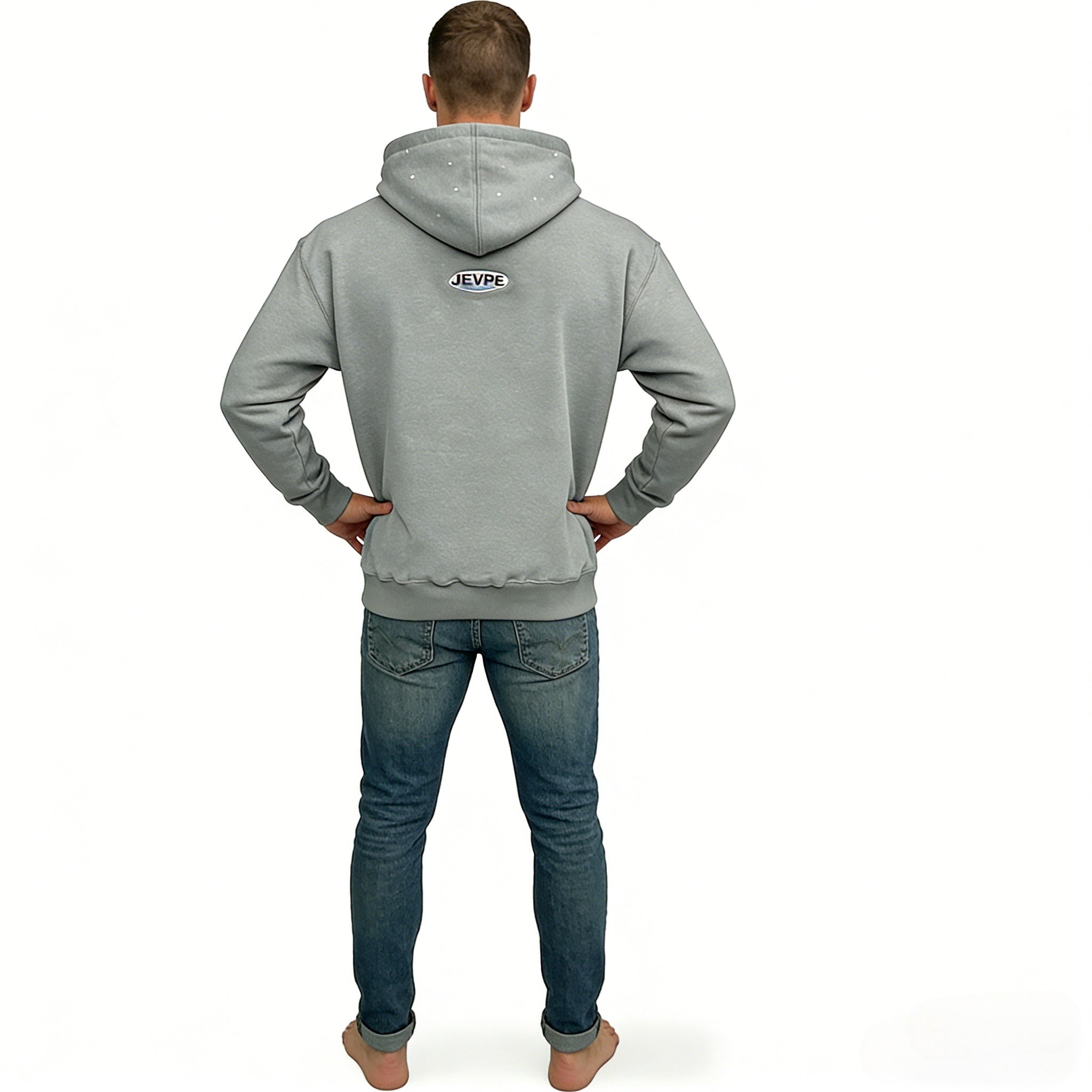 Gray oversized men's hoodie by JEVPE featuring surf culture and beachside lifestyle graphic design.