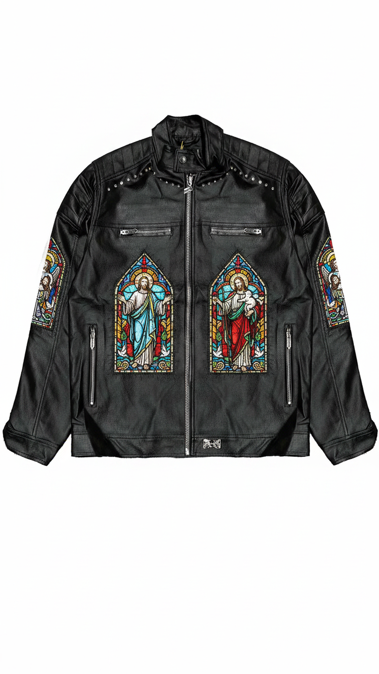 Jesus Stained Glass Studded Biker Leather Jacket | Black Gothic Streetwear Moto Coat