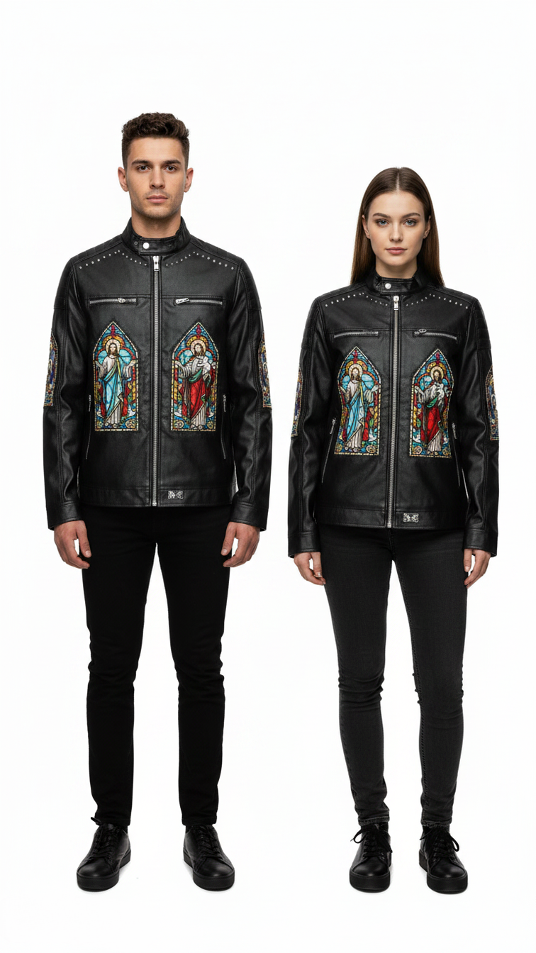 Jesus Stained Glass Studded Biker Leather Jacket | Black Gothic Streetwear Moto Coat