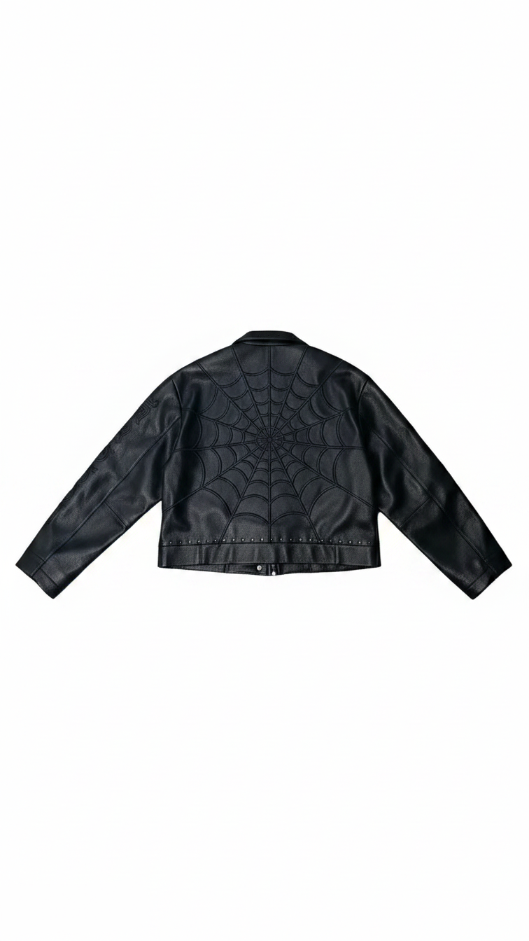 Black Gothic Studded Cropped Leather Jacket | Embossed Sleeve Streetwear Moto Coat