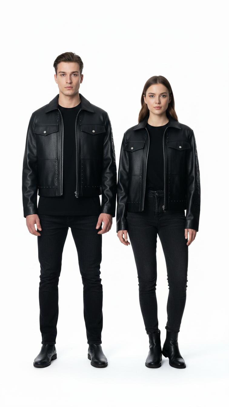 Black Gothic Studded Cropped Leather Jacket | Embossed Sleeve Streetwear Moto Coat
