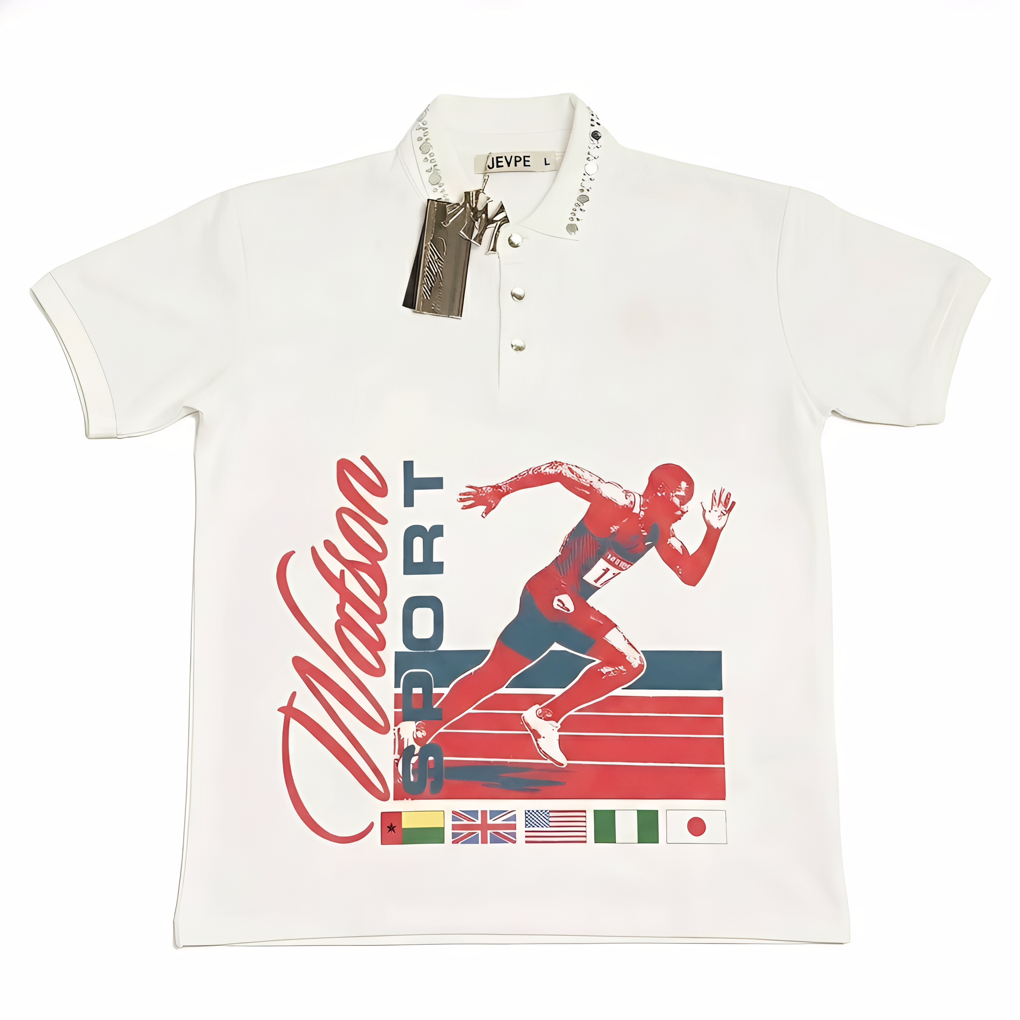JEVPE men's vintage Watson sport running polo shirt with graphic design, white color, short sleeves, and studded collar.