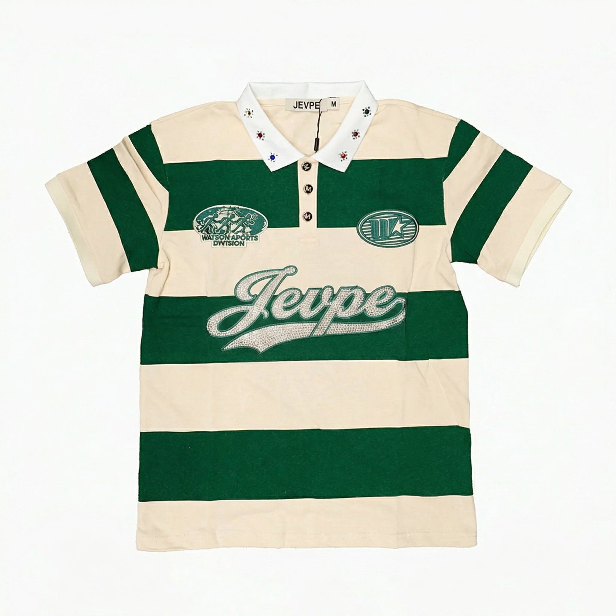 Men's vintage green and cream striped polo shirt by JEVPE with rhinestone embellishments, short sleeves, retro streetwear casual top