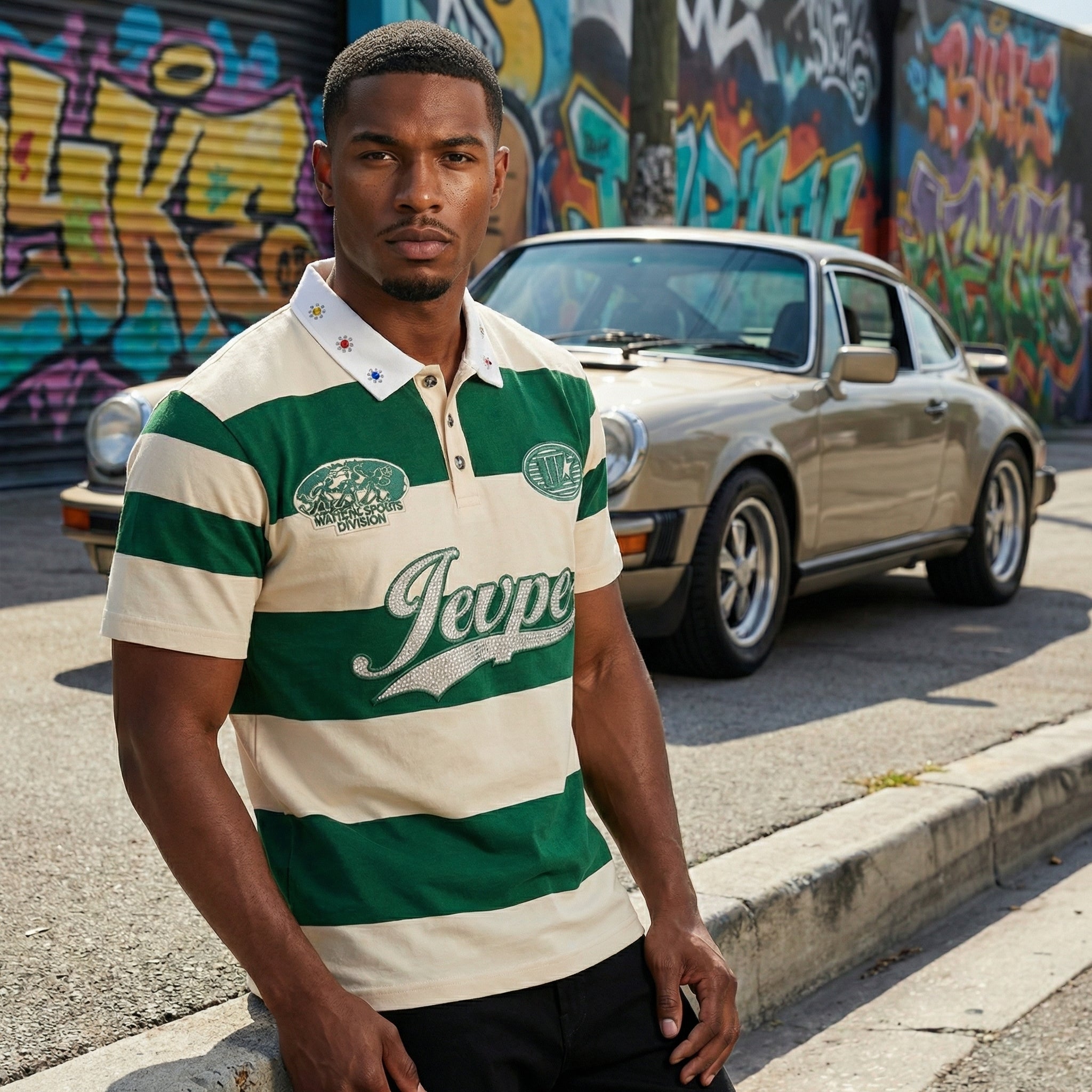 Men's vintage green and cream striped polo shirt by JEVPE with rhinestone embellishments, short sleeves, casual streetwear style.