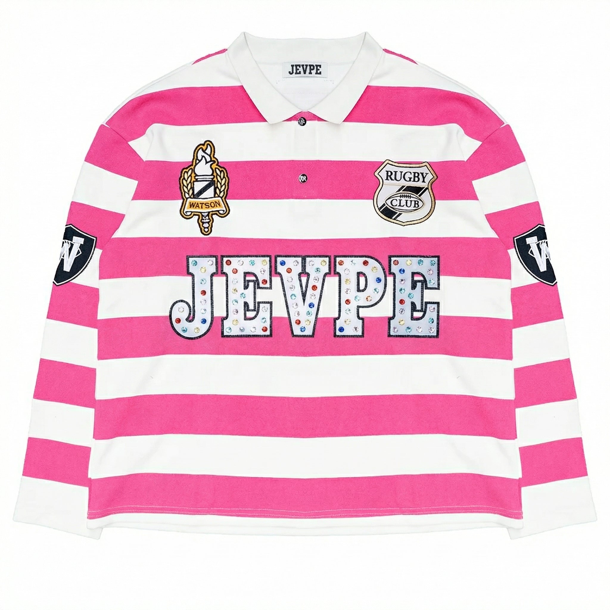 JEVPE men's long sleeve rugby polo shirt with pink and white stripes, rhinestone embellishments, vintage streetwear style