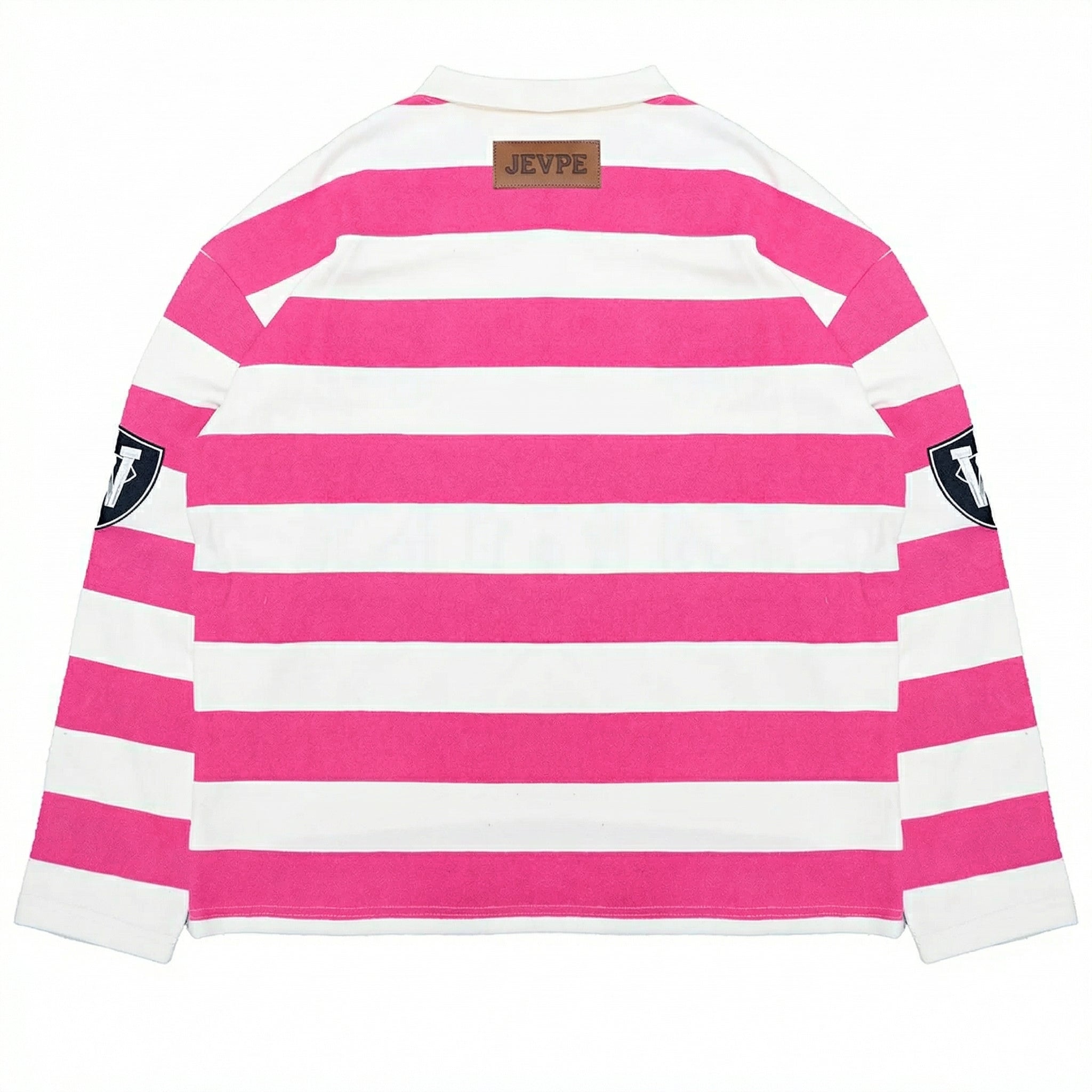 JEVPE men's pink and white striped rugby polo shirt with rhinestone embellishments, long sleeves, vintage streetwear style
