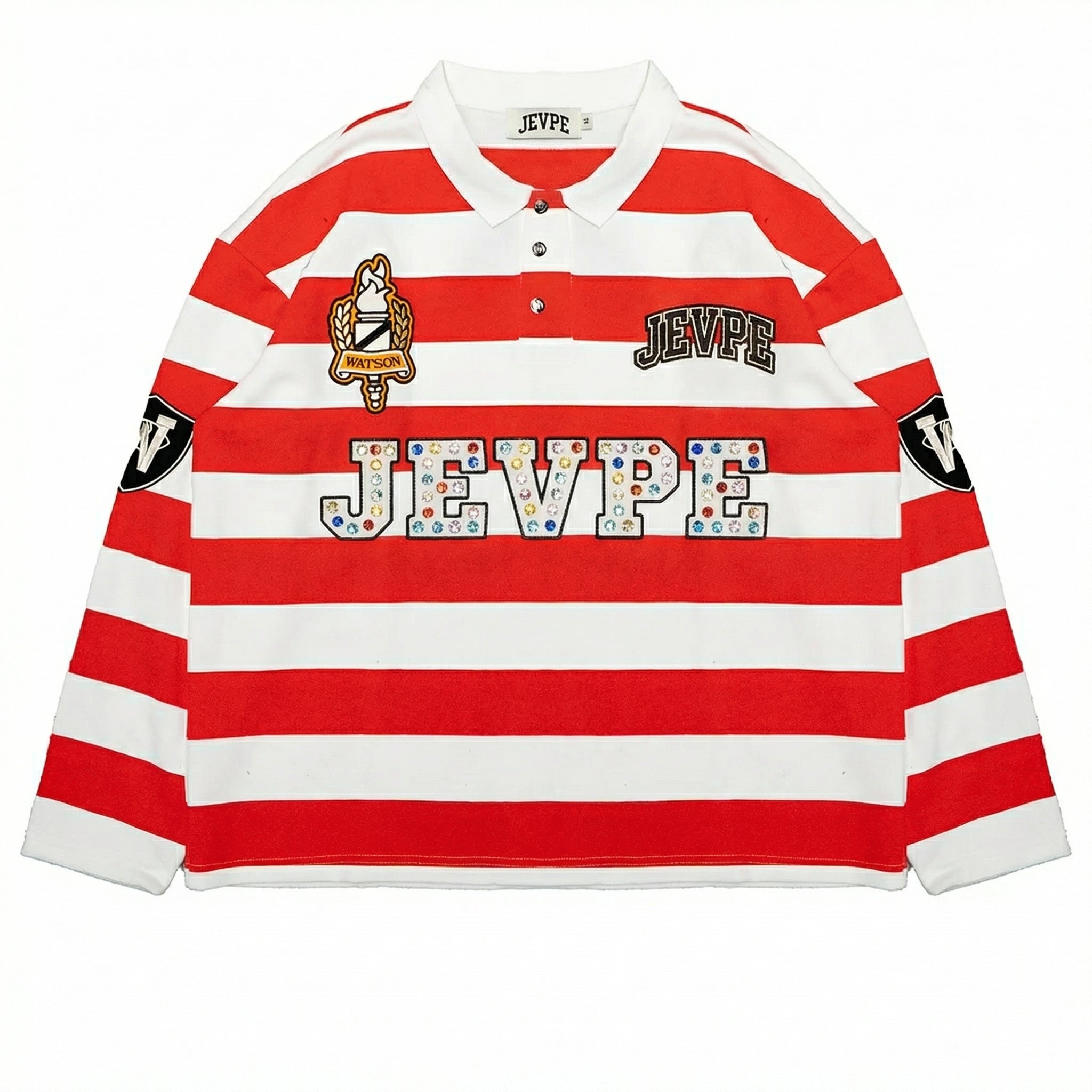 JEVPE men's long sleeve rugby polo shirt with red, white, and multi-color stripes, rhinestone embellishments, vintage streetwear style