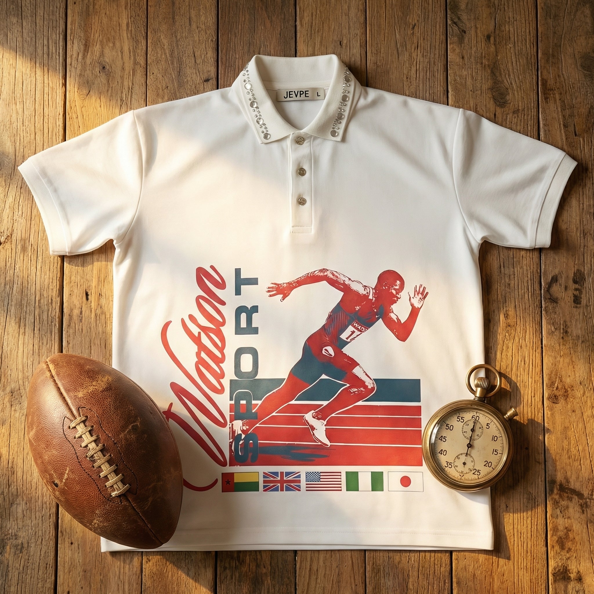 Men's vintage Watson sport running graphic white polo shirt by JEVPE with studded collar and retro athletic streetwear style.