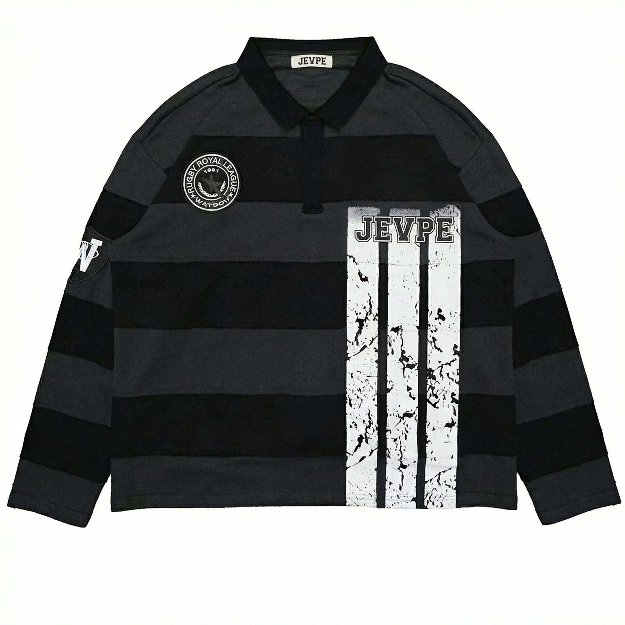 Men's JEVPE long sleeve rugby polo shirt with charcoal and black stripes, distressed design, casual streetwear athletic style.