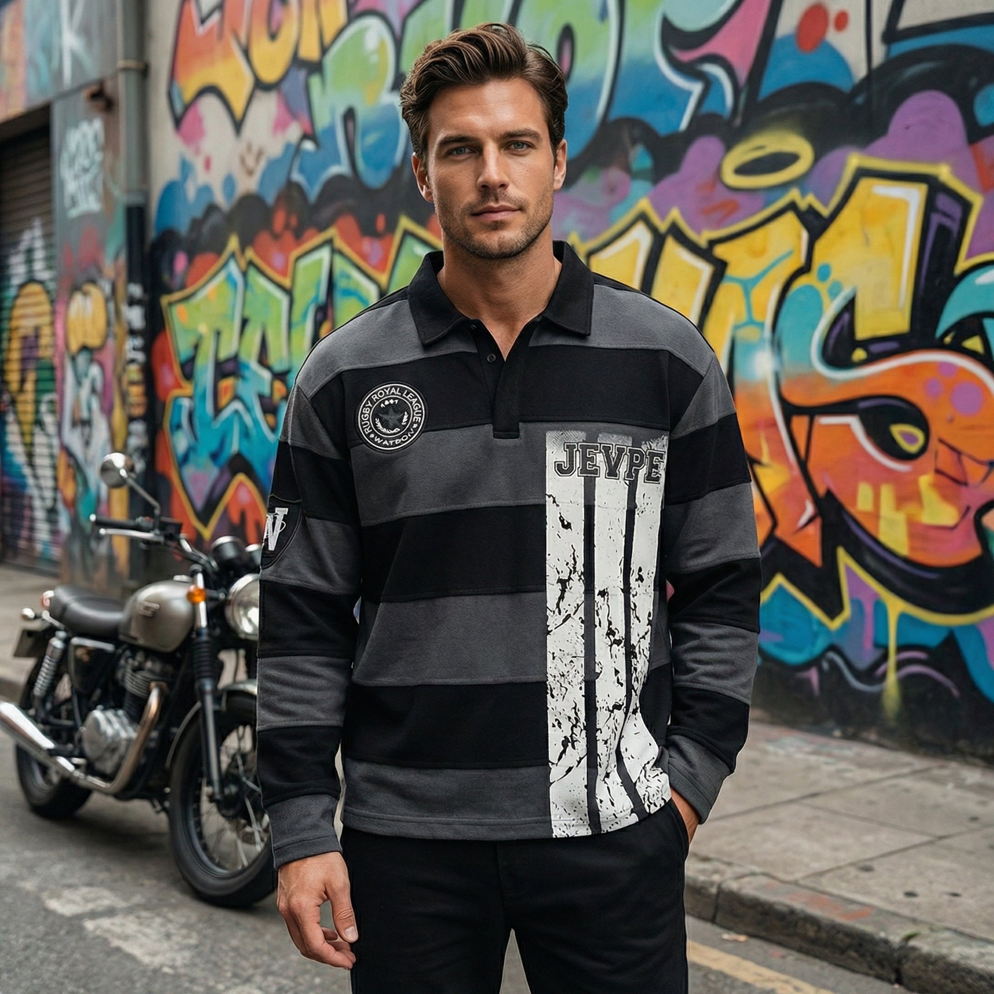 Men's JEVPE rugby polo shirt with charcoal and black stripes, distressed design, long sleeves, streetwear athletic casual top